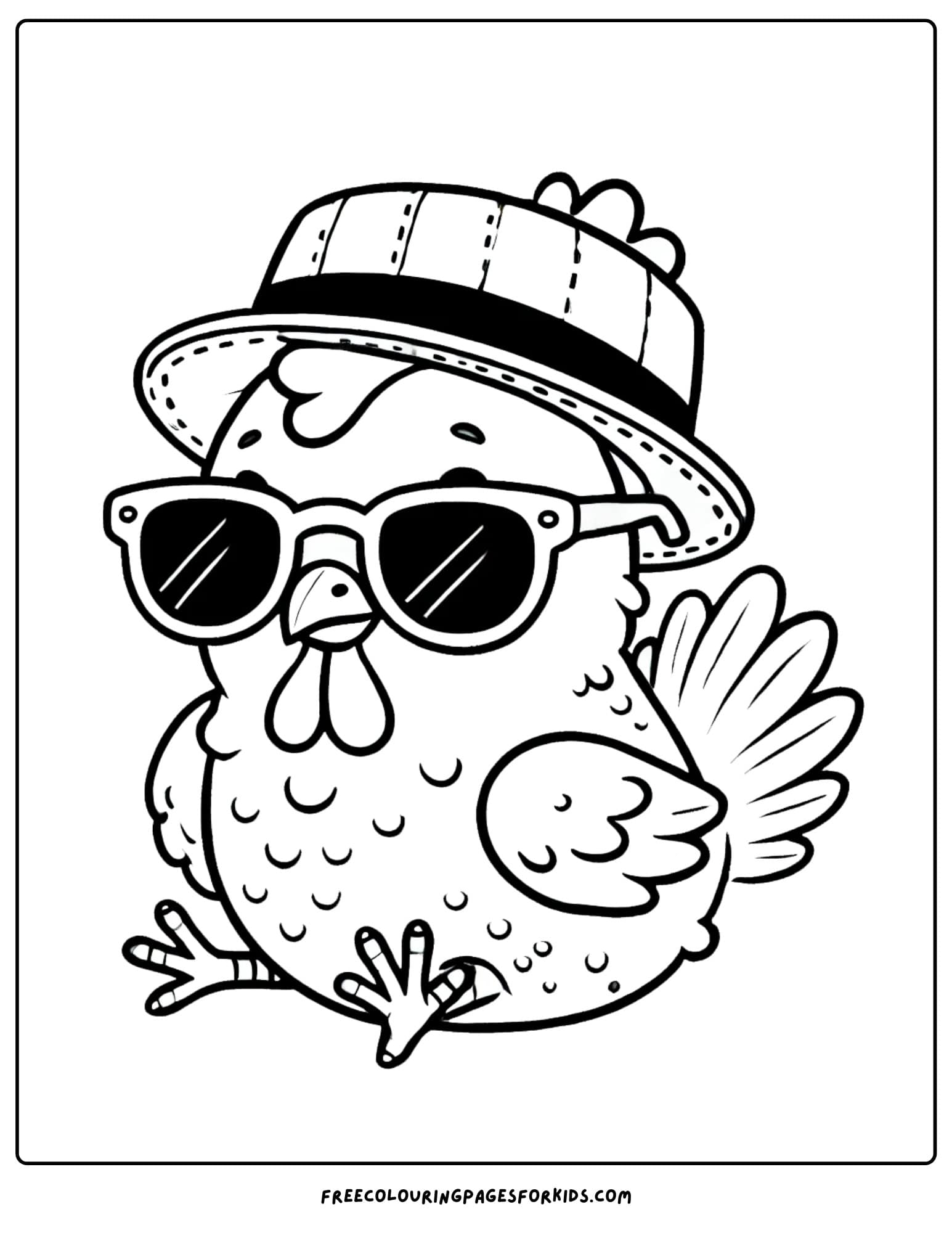 chicken wearing hat and sunglasses coloring page