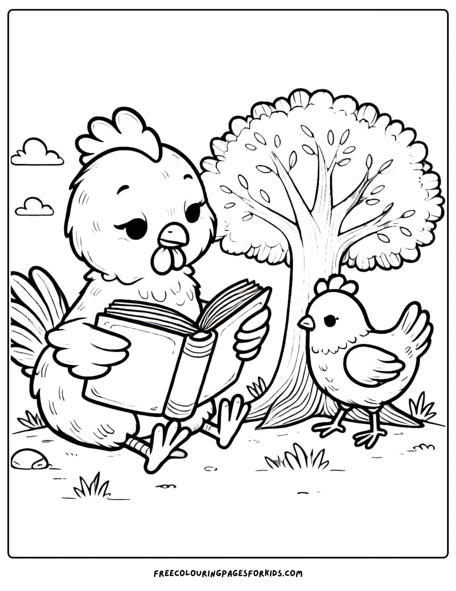 chicken reading coloring page