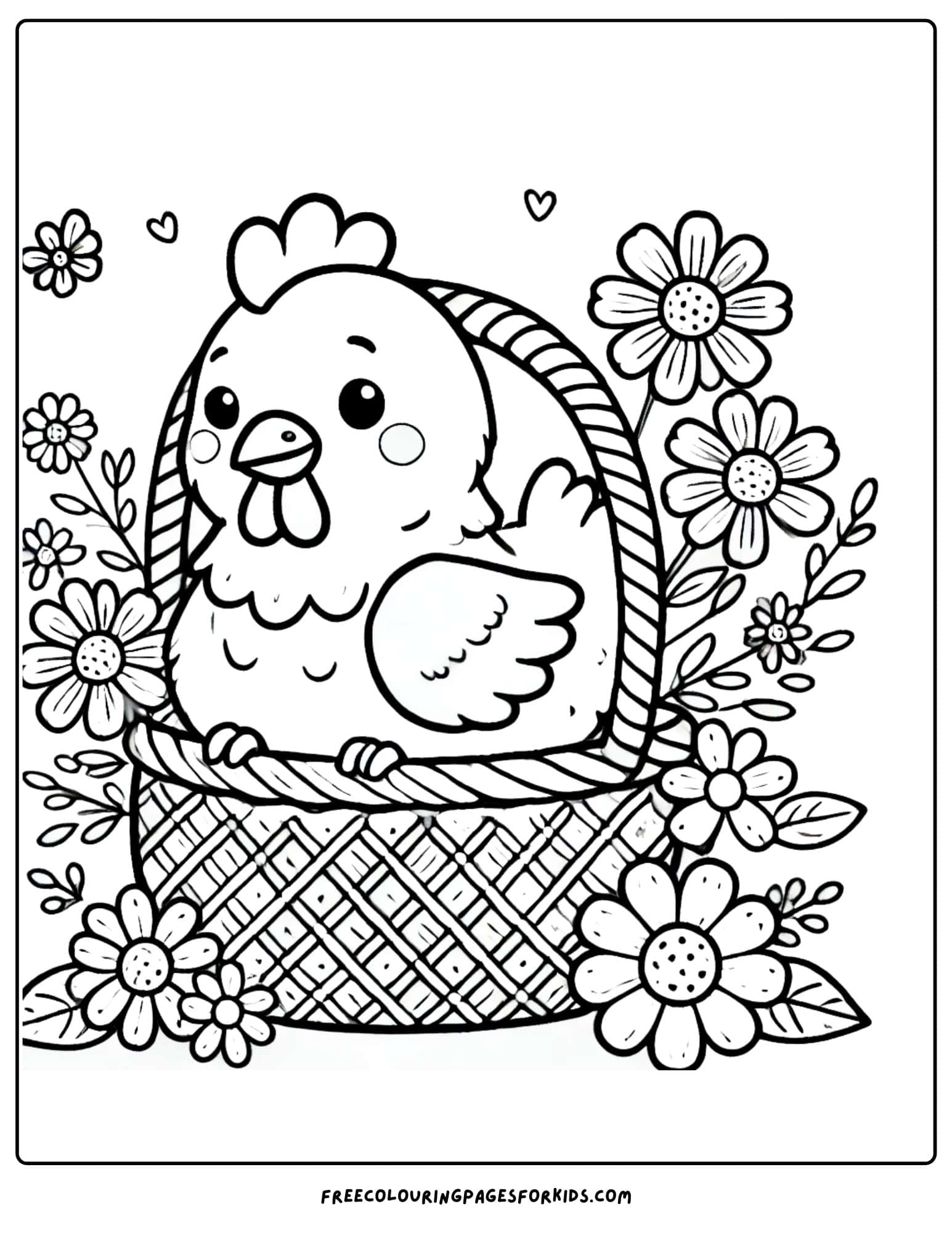 chicken with basket of flowers coloring page