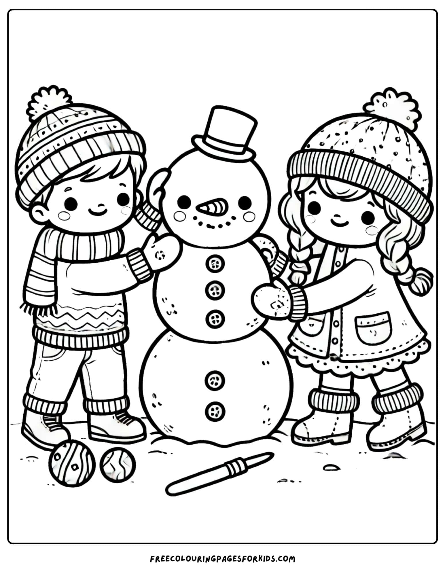 christmas in july children making a snowman colouring page