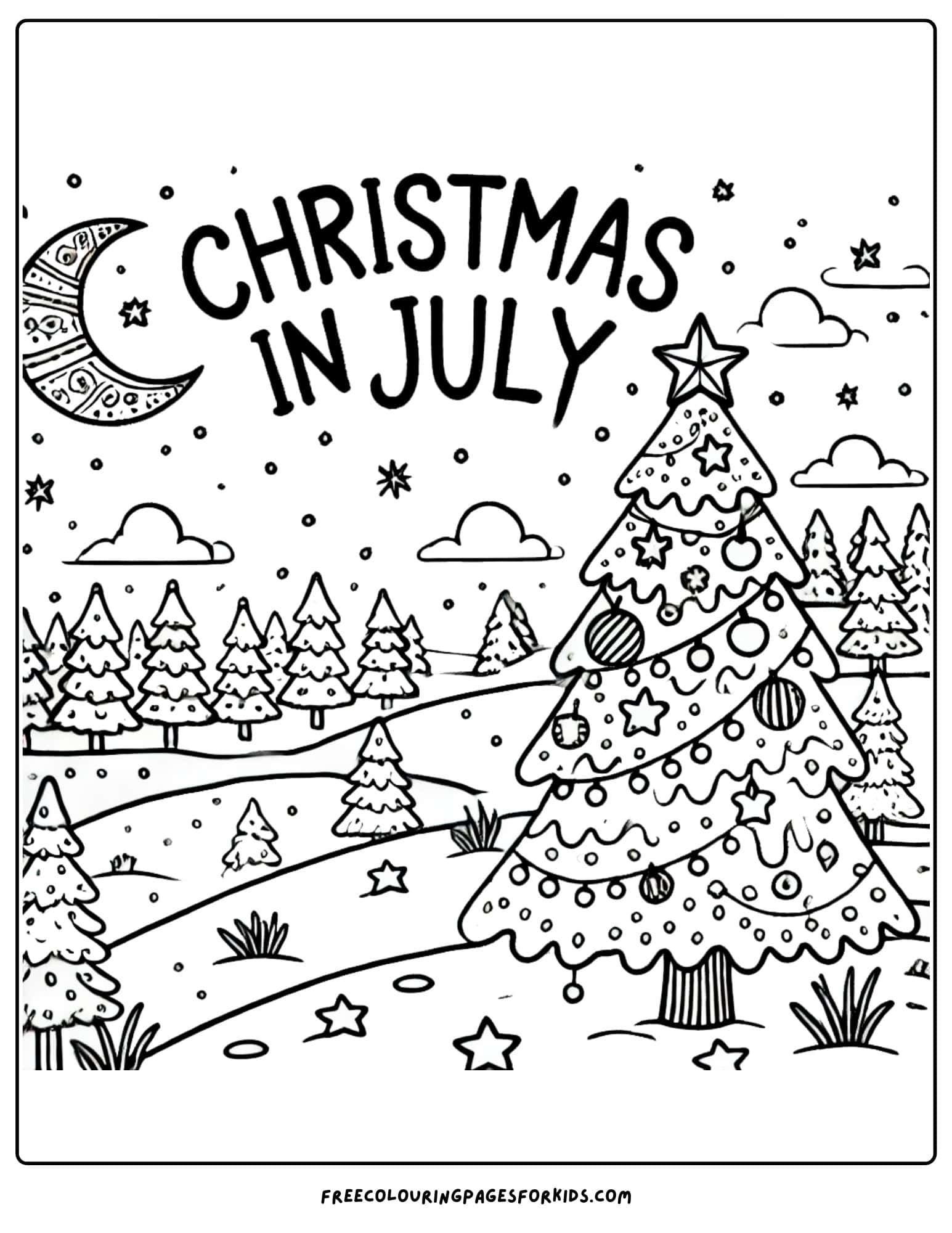 christmas in july snowy scene colouring page