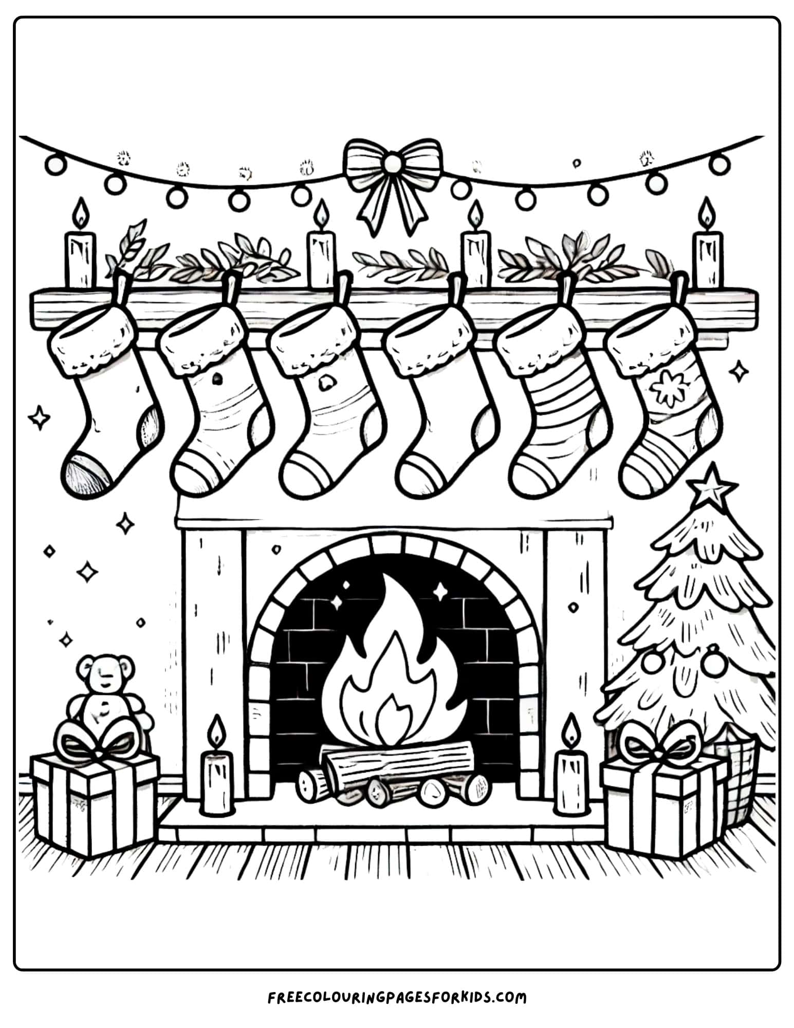 christmas in july stockings by the fire colouring page