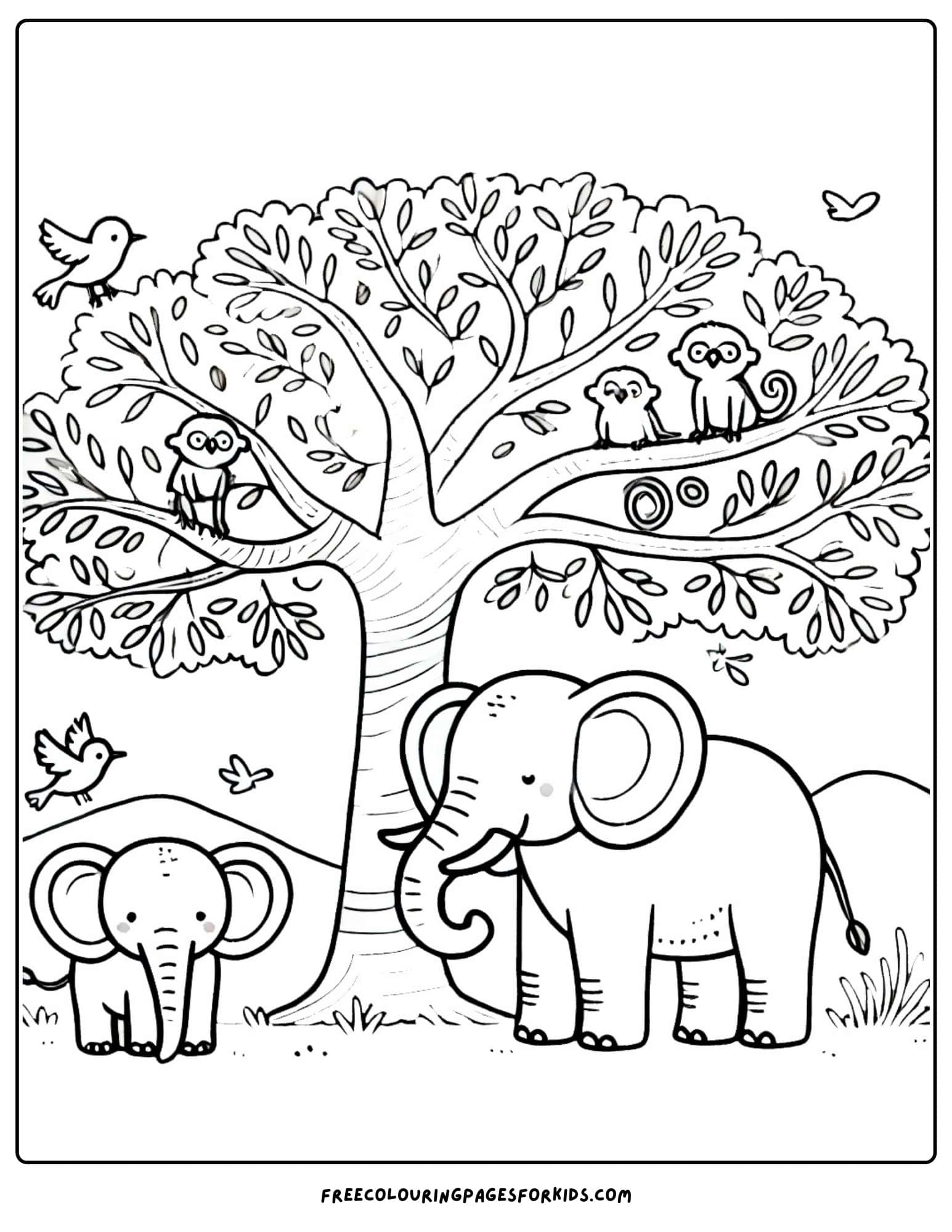 world elephant day under a tree coloring page