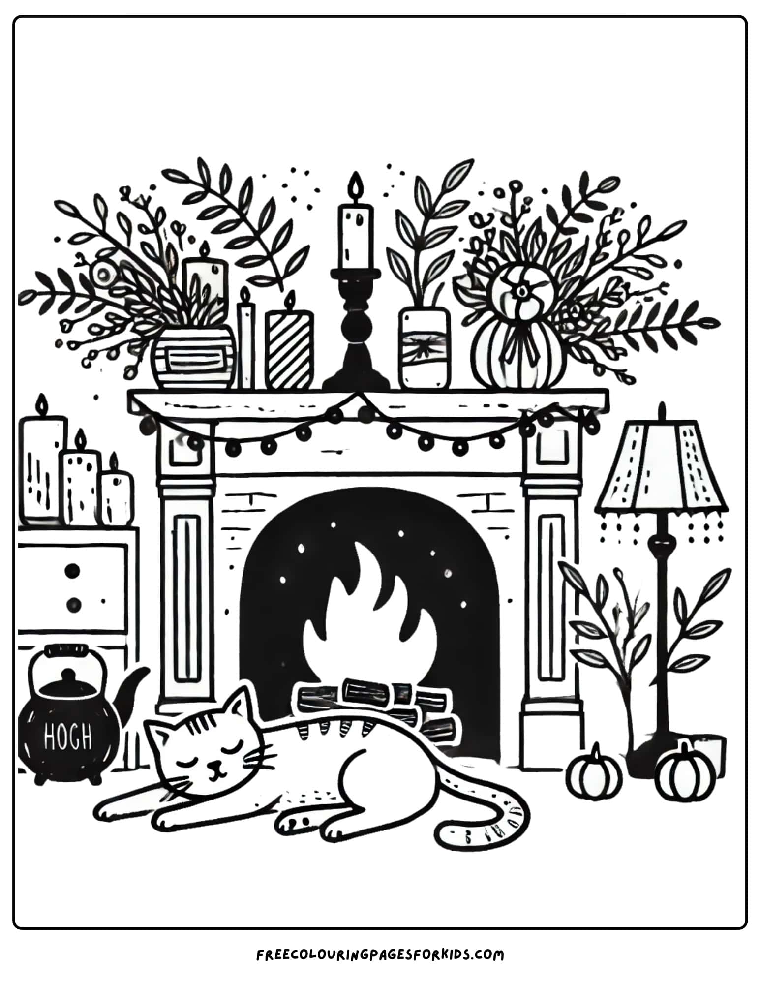 fall cozy fireplace coloring page