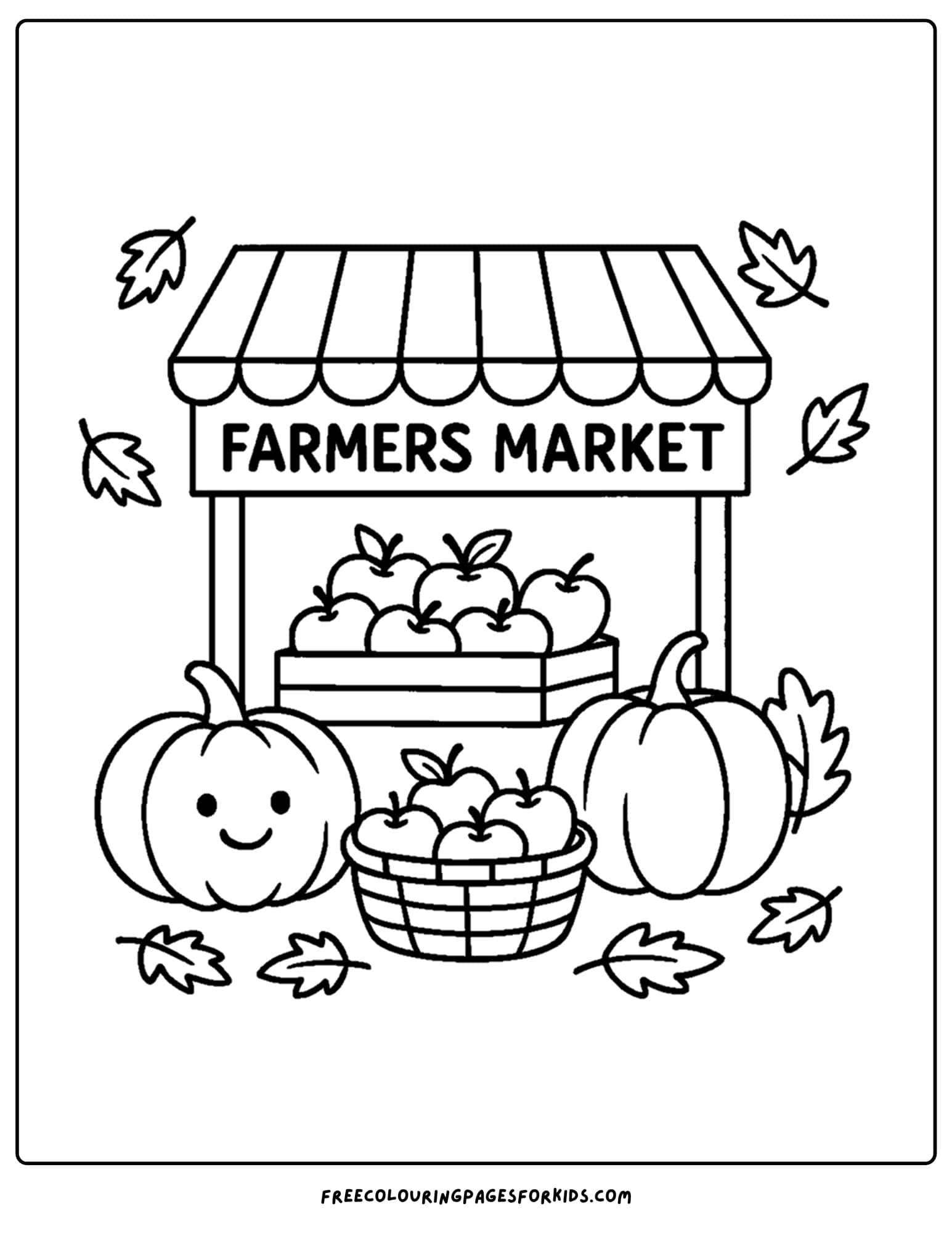fall coloring page of a farmers market stall with leaves blowing around