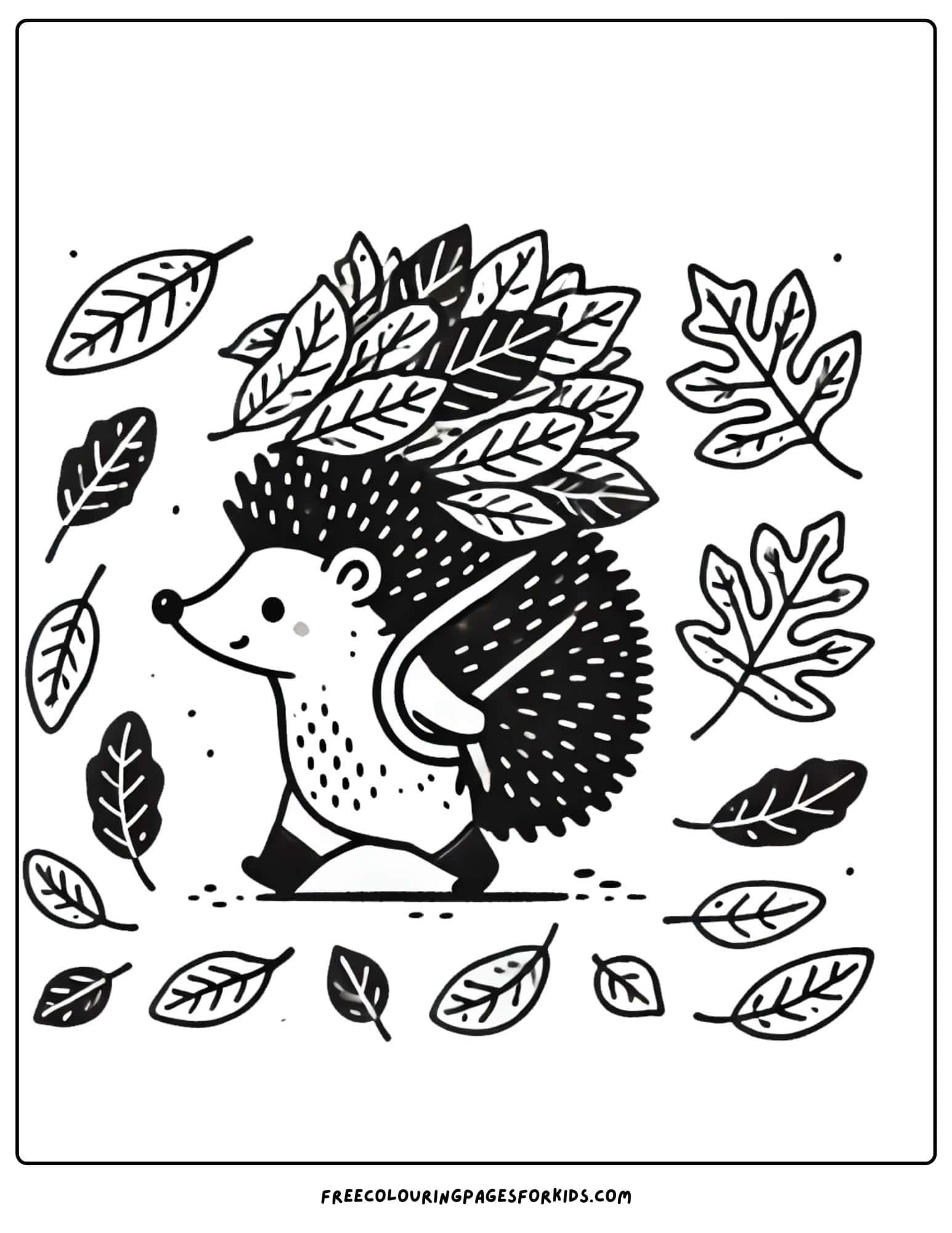 fall hedgehog with leaves coloring page