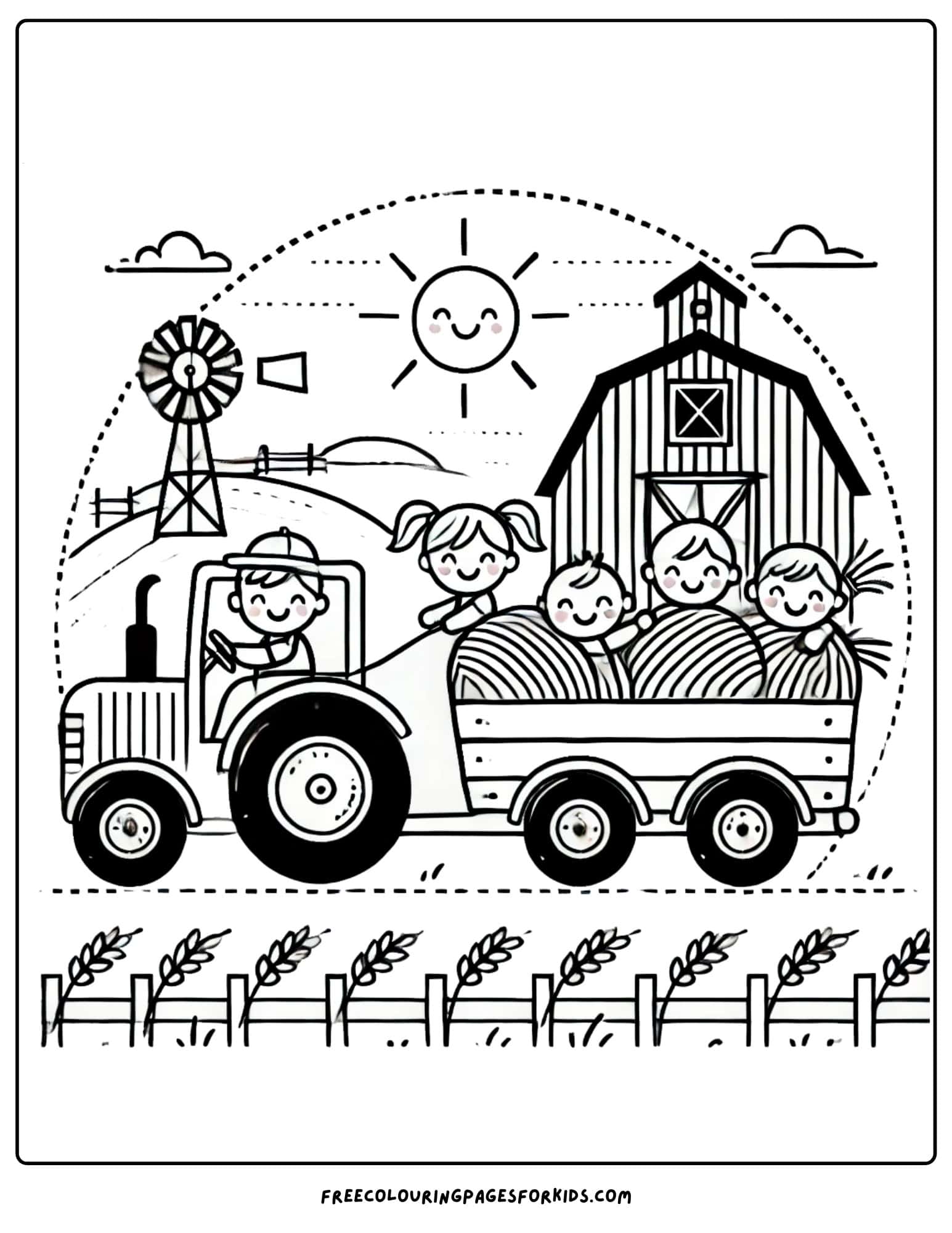 fall tractor ride with hay coloring page