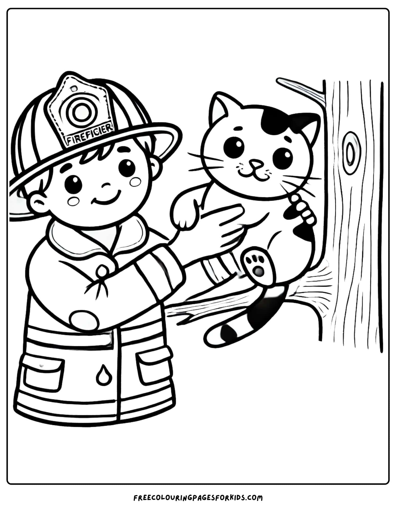 firefighter rescuing a cat coloring page