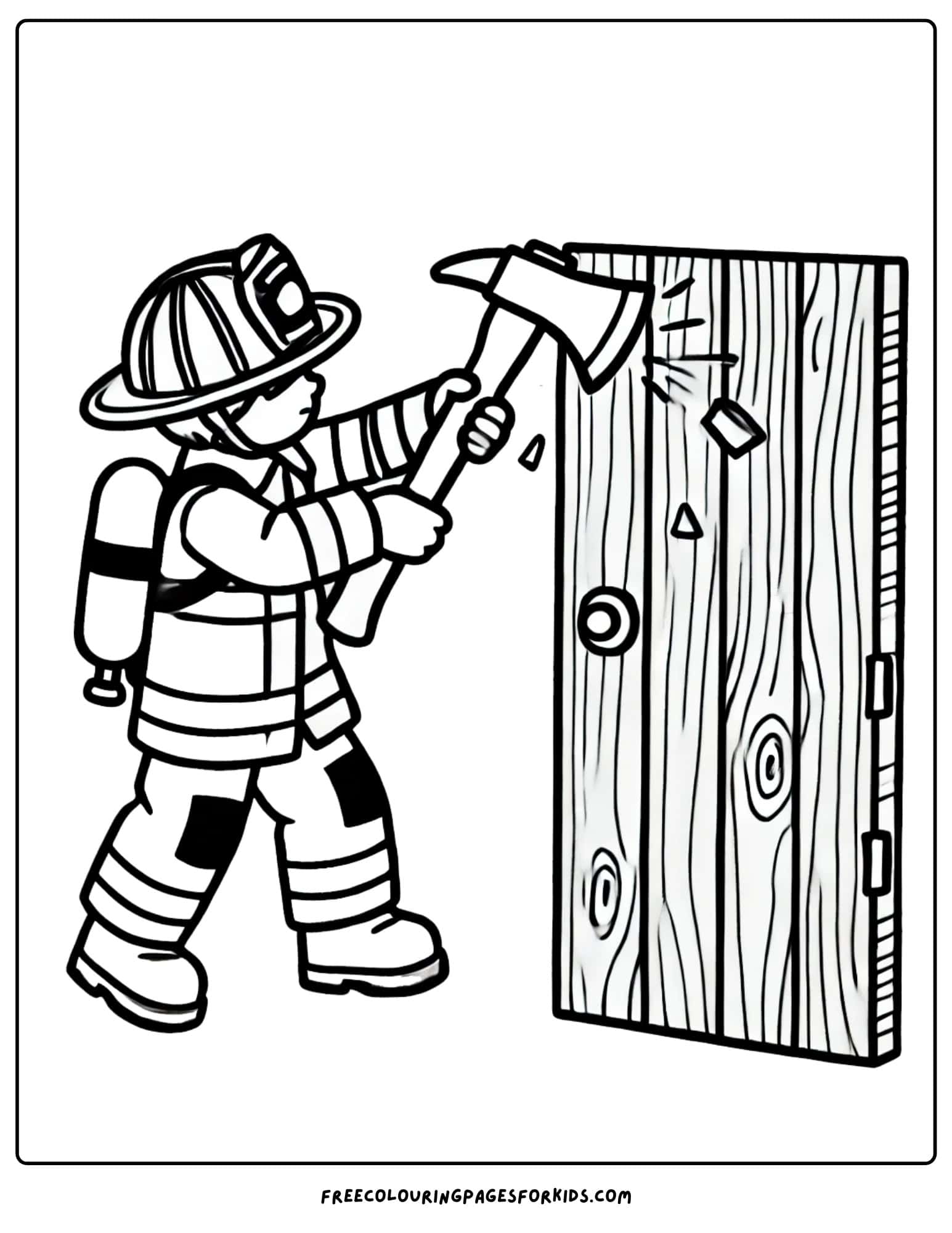 firefighter using an axe coloring page