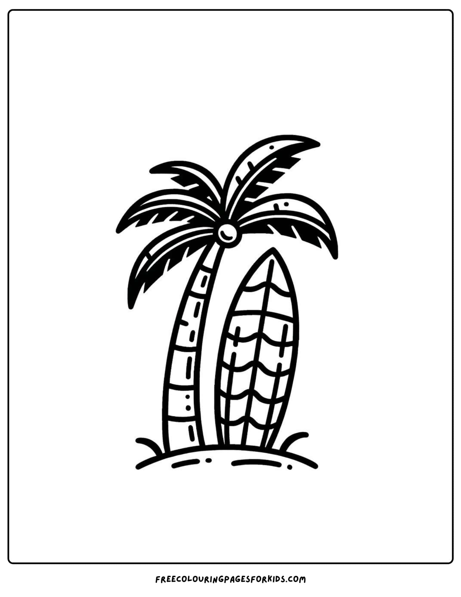 palm tree and surfboard coloring page