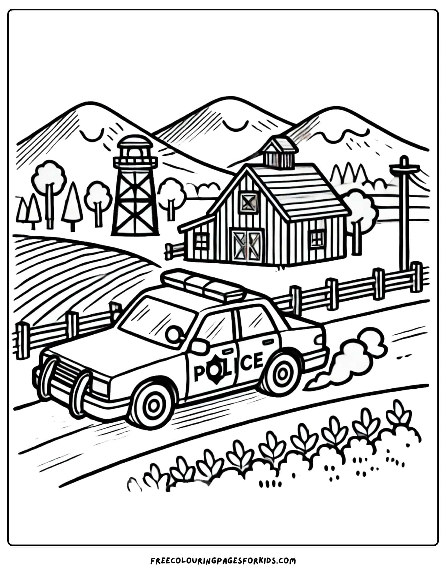 police car in the country coloring page