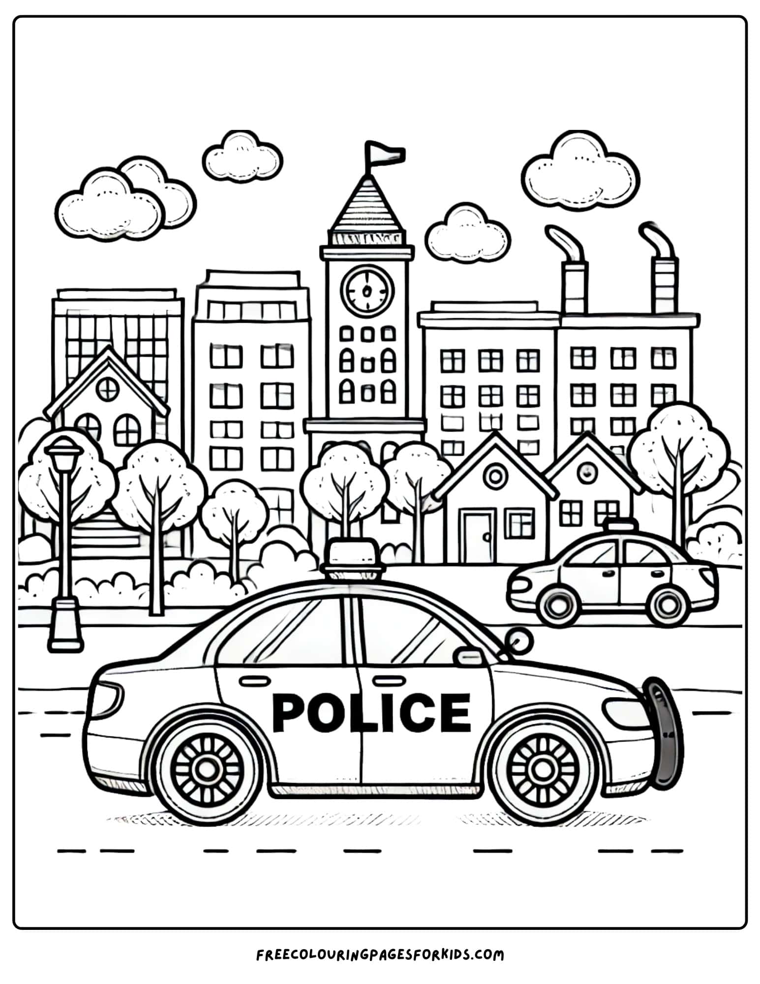 police car in the city coloring page