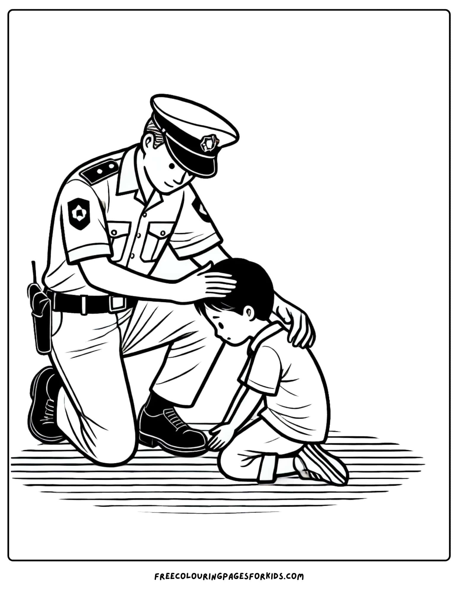 police officer helping child coloring page