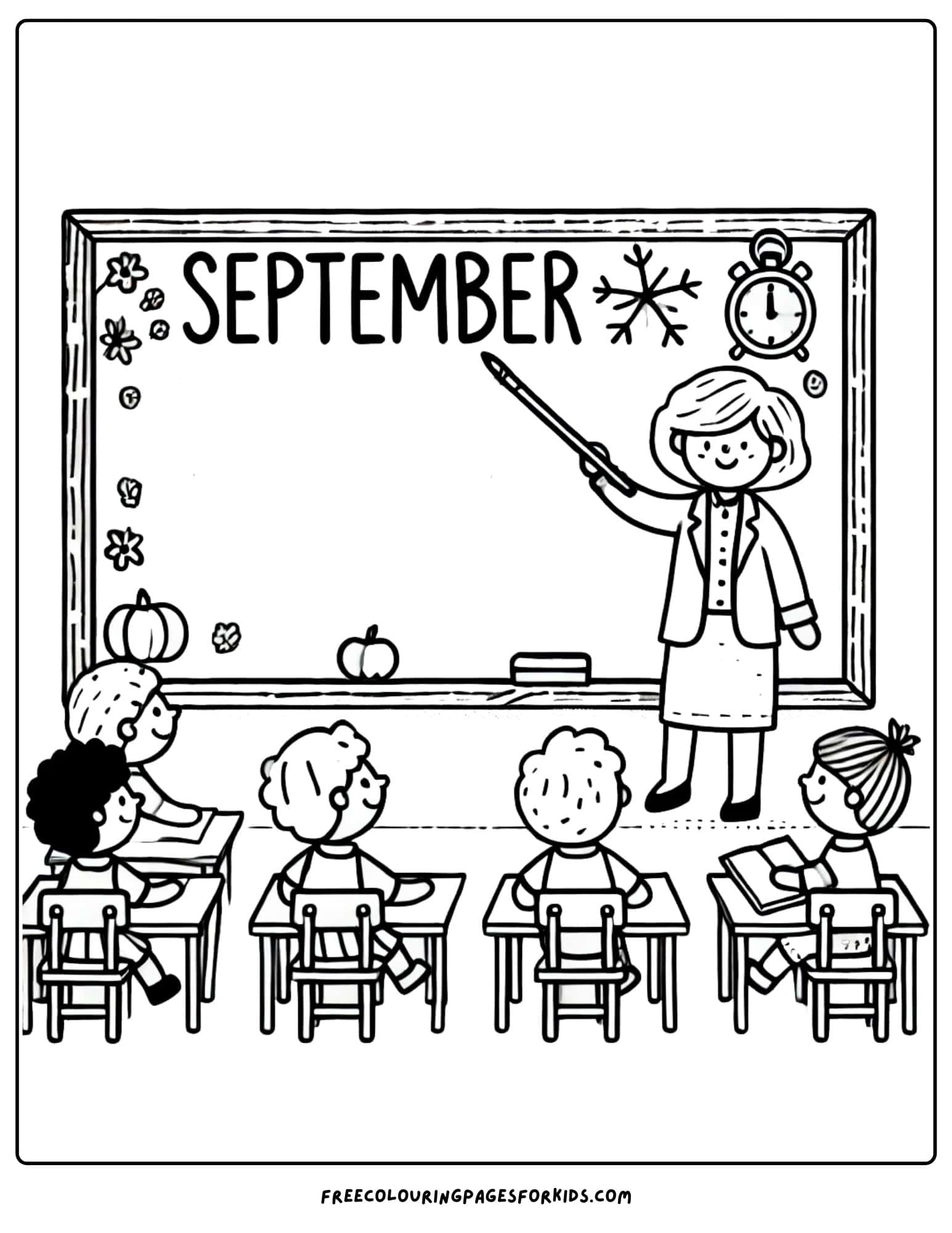 september coloring page of a classroom with teacher and kids