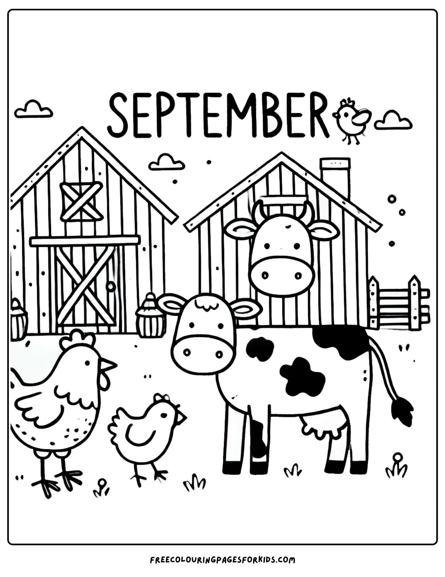 september coloring page of famr animals an a barn