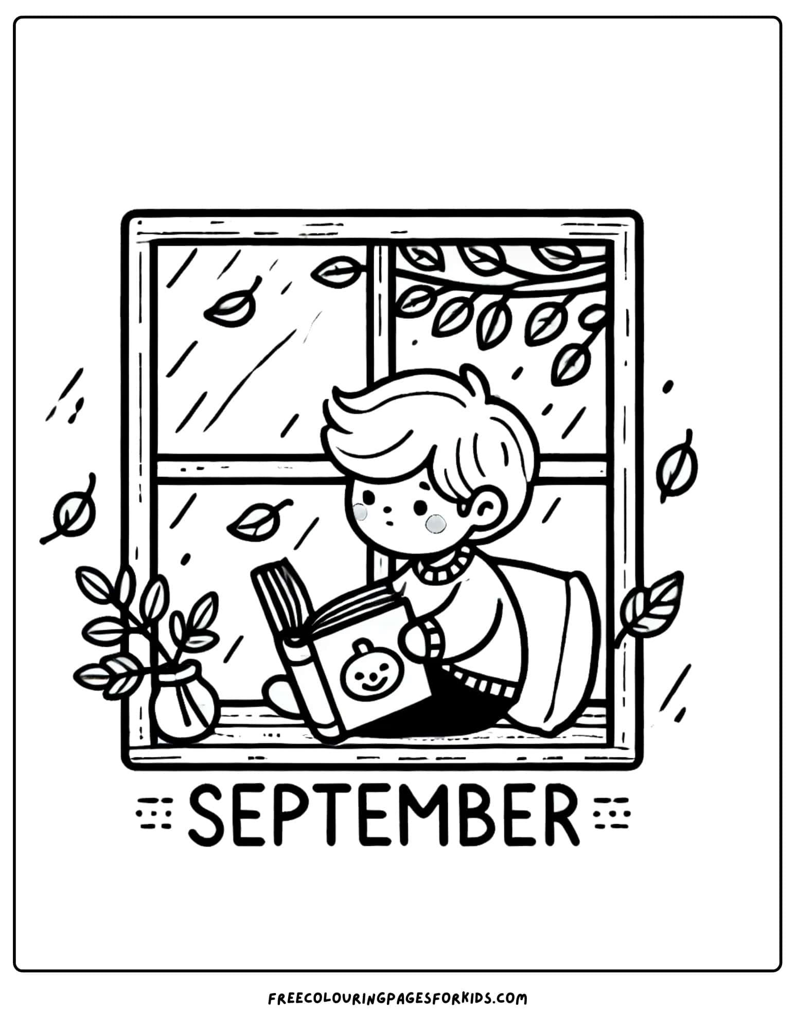 september coloring page of a reading nook