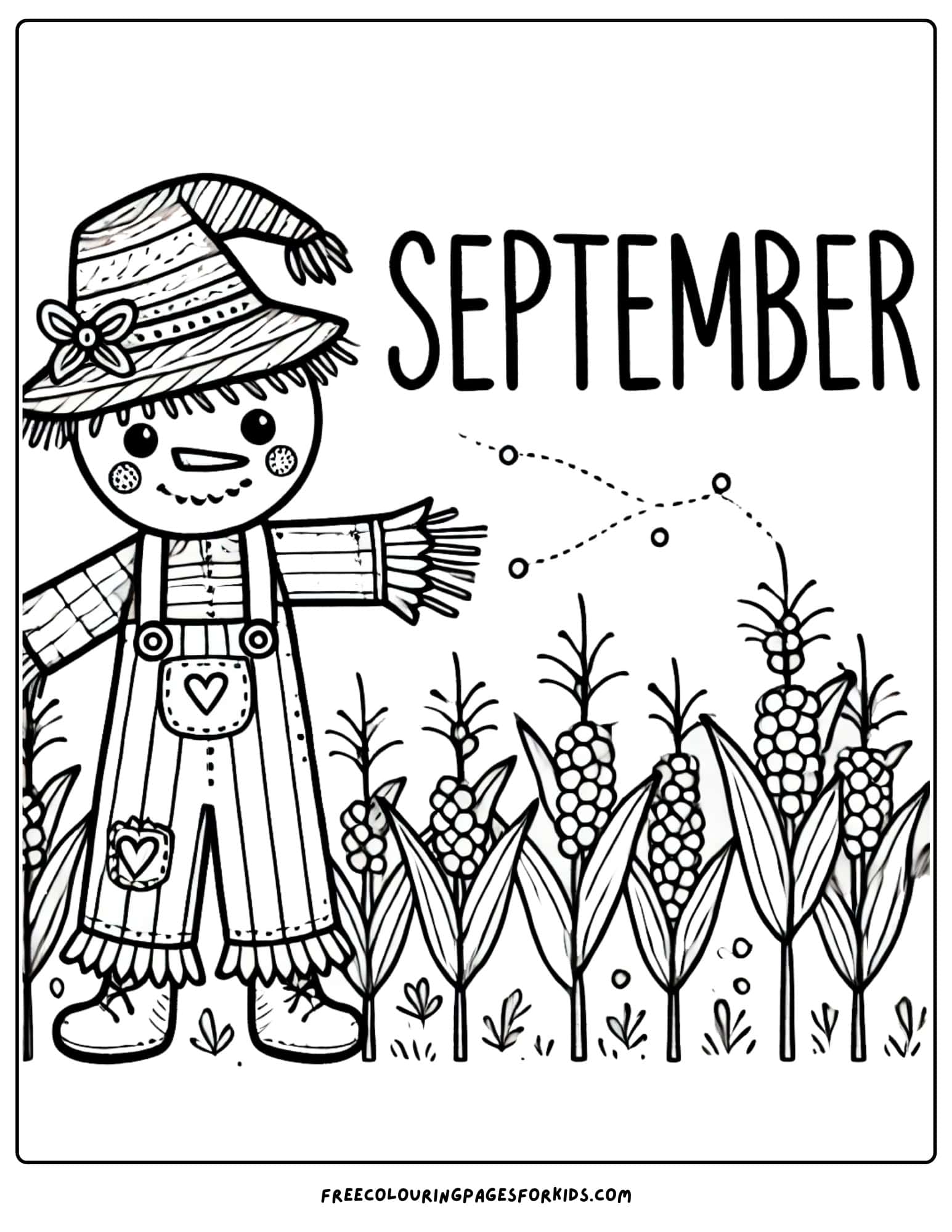 september coloring page of a scarecrow