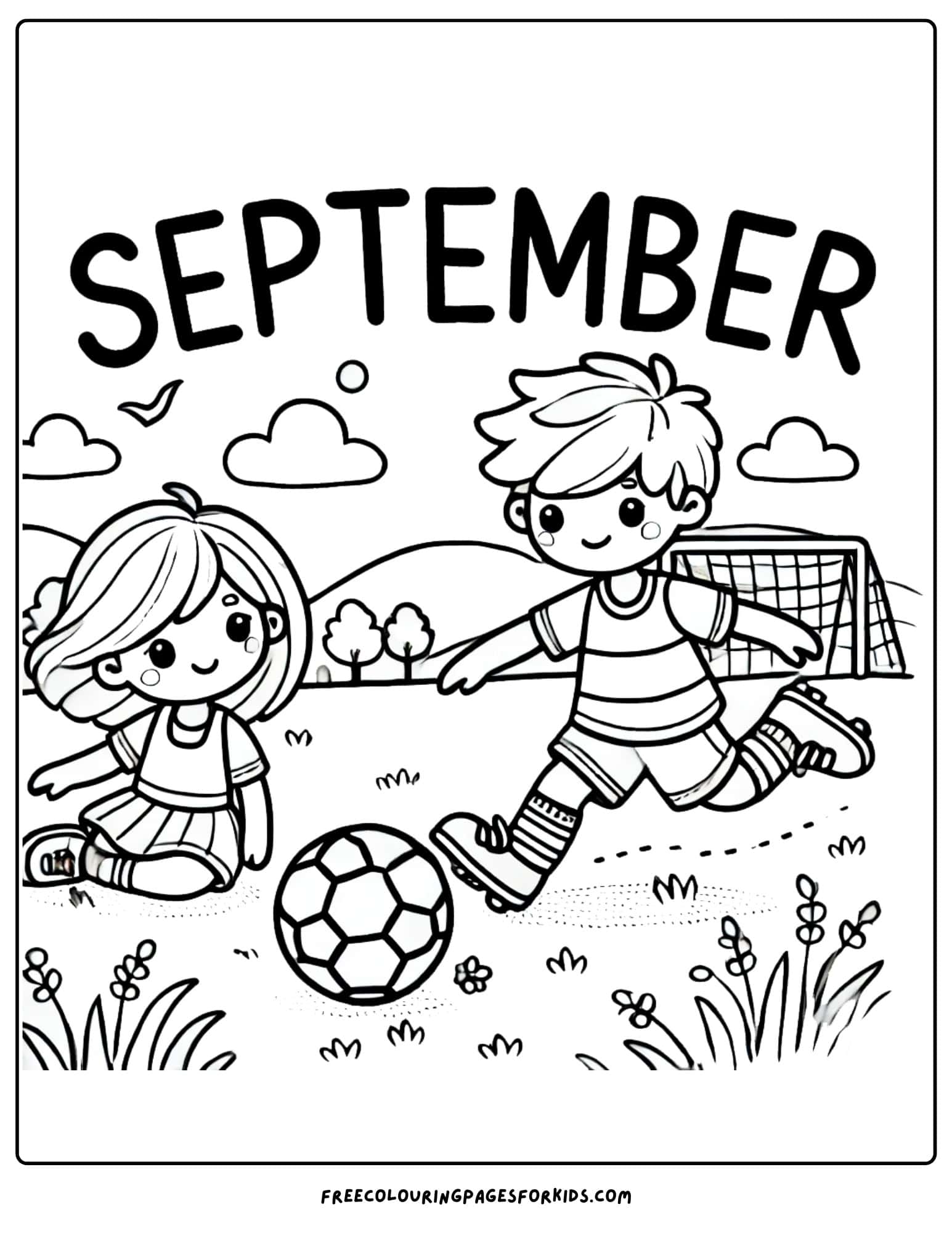 september coloring page of soccer practice