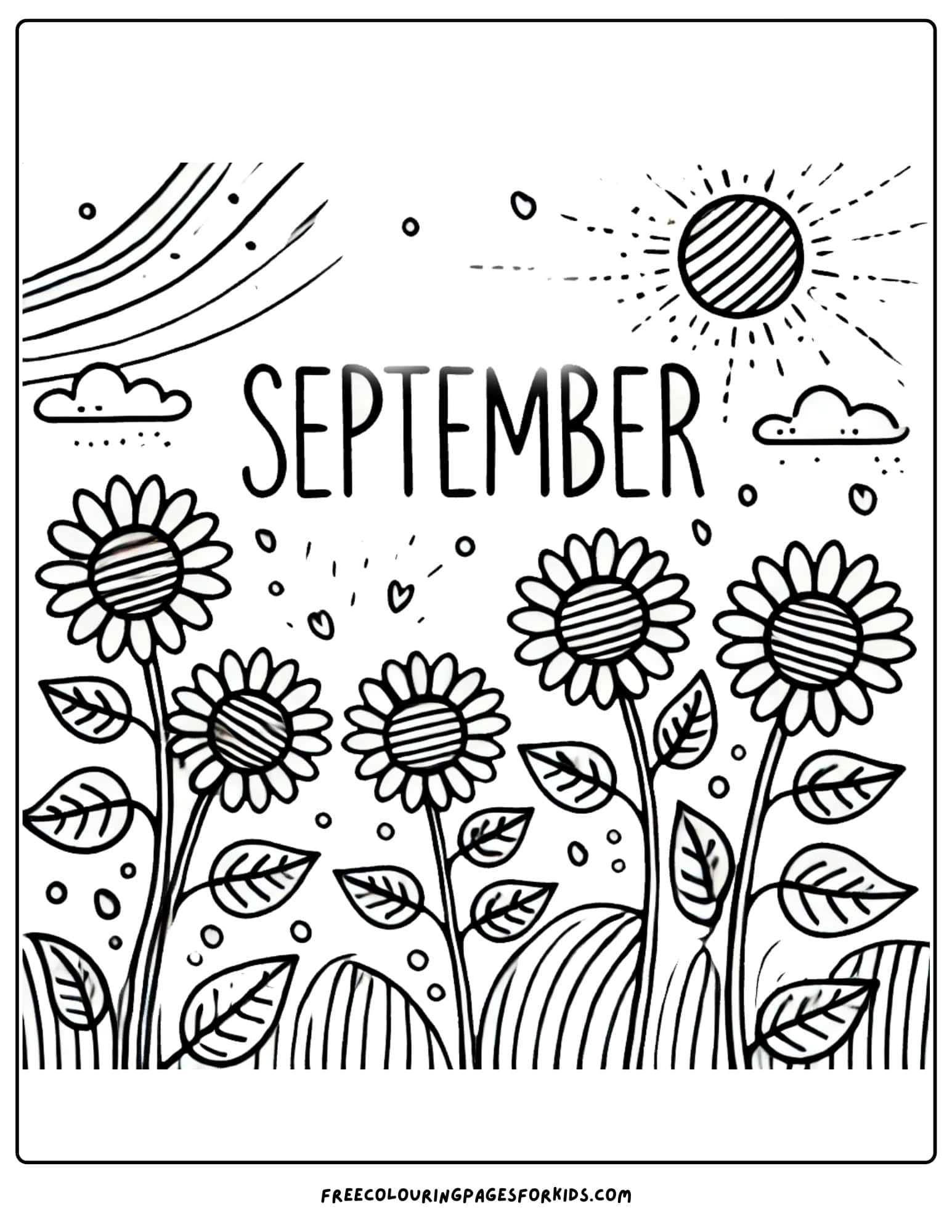 september coloring page of a sunflower field