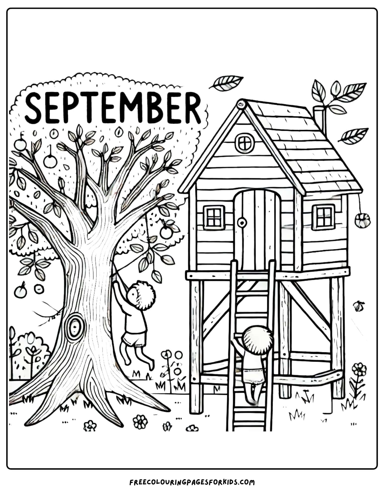 september coloring page of a treehouse