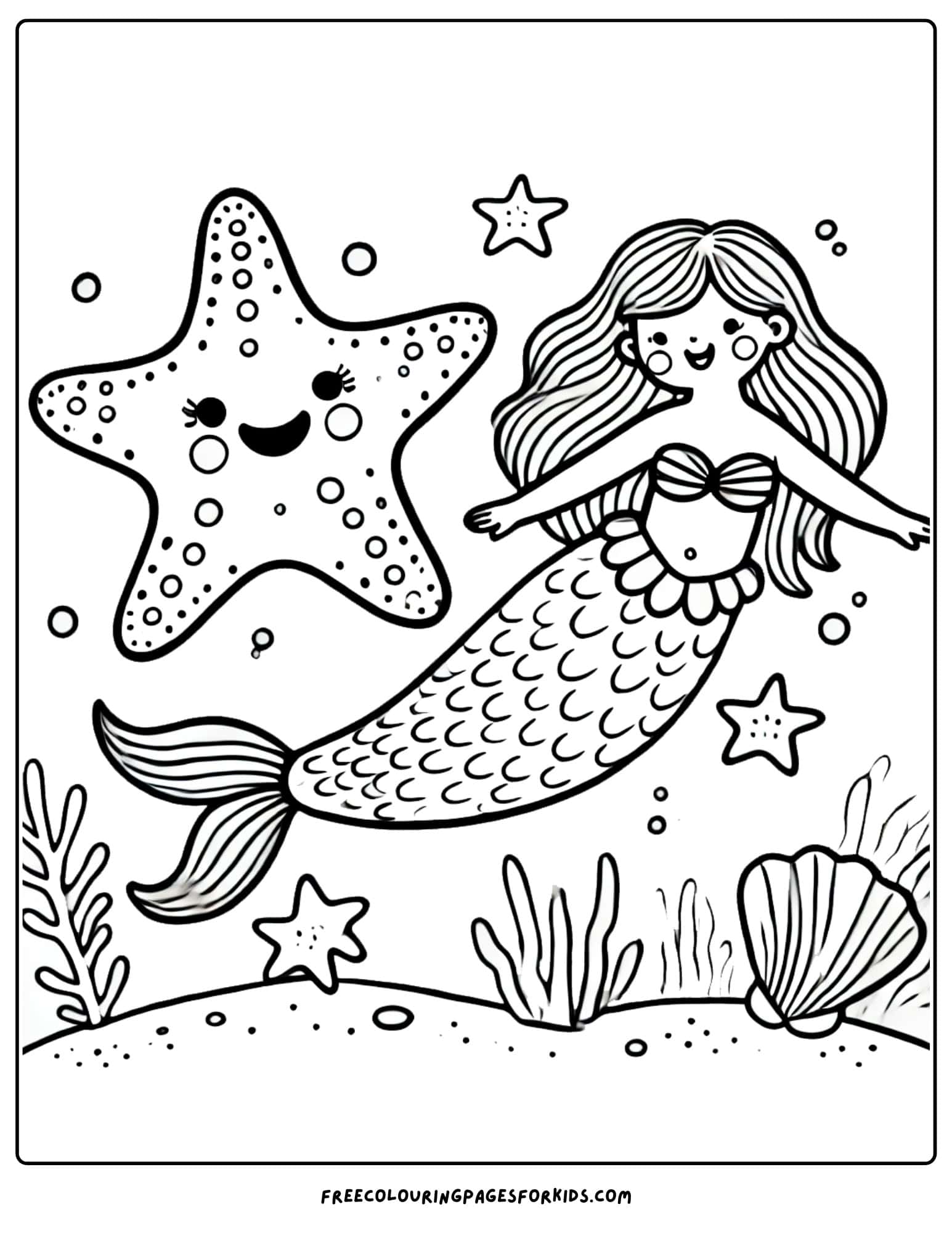 starfish and a mermaid coloring page