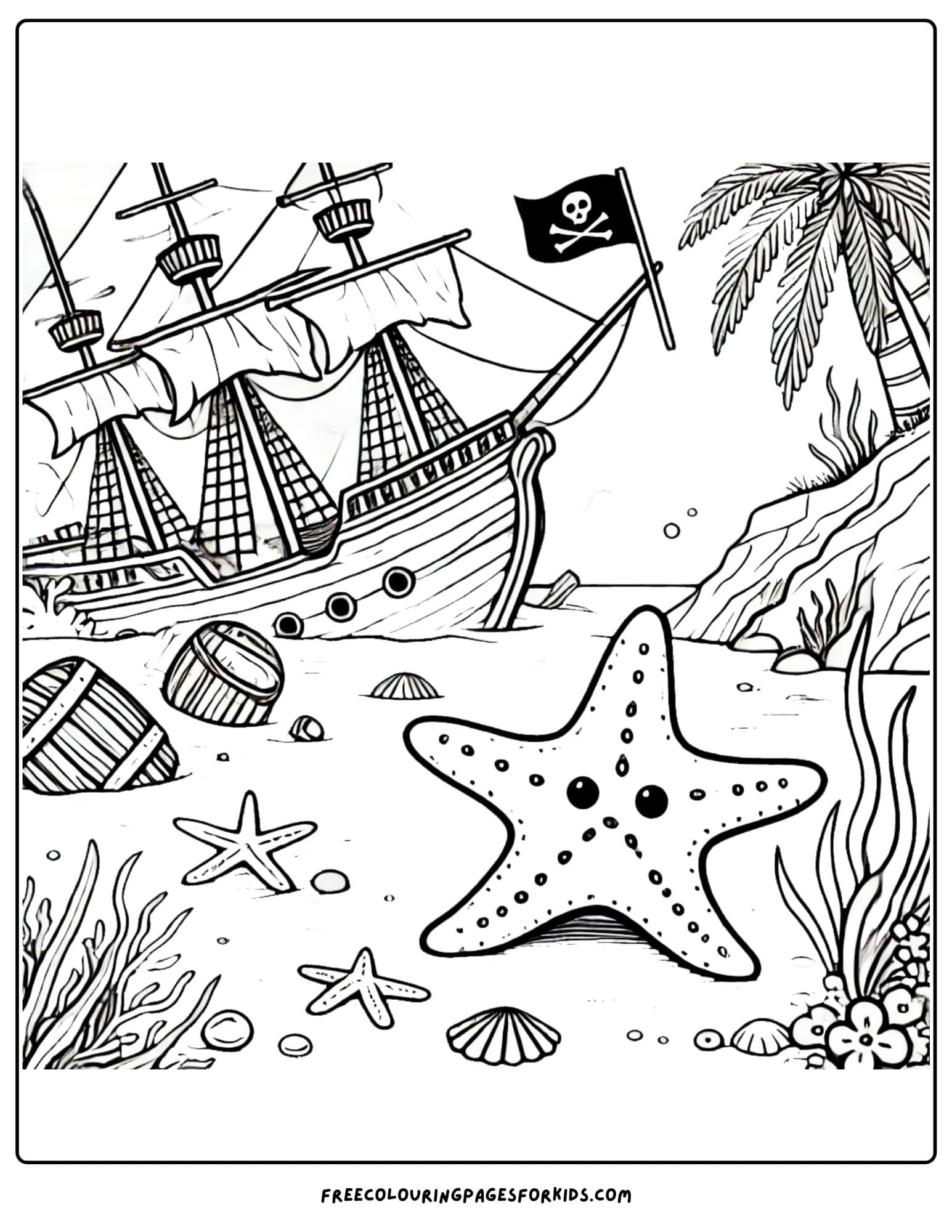 starfish and pirate ship coloring page