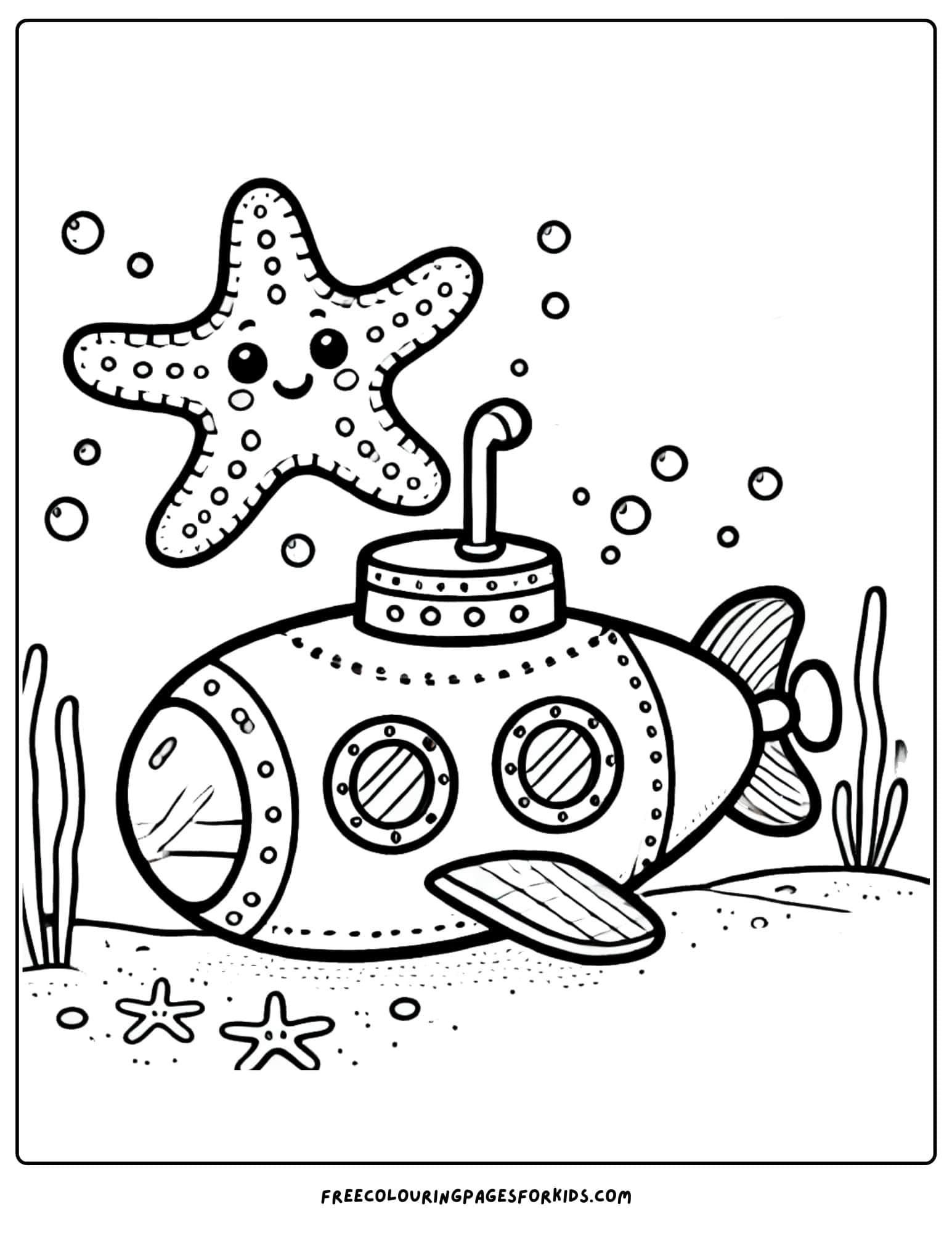 starfish and a submarine coloring page