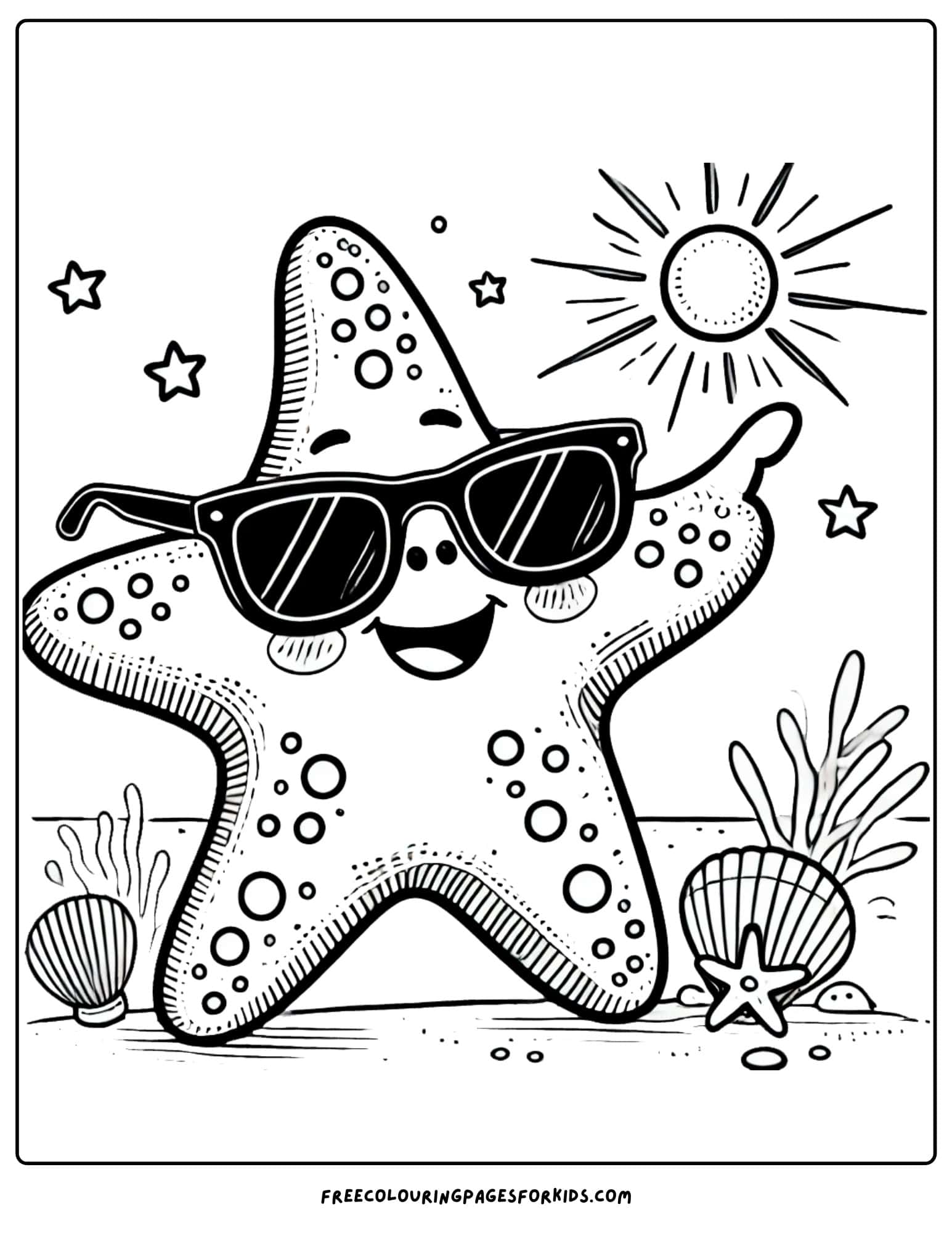 starfish wearing sungalsses coloring page