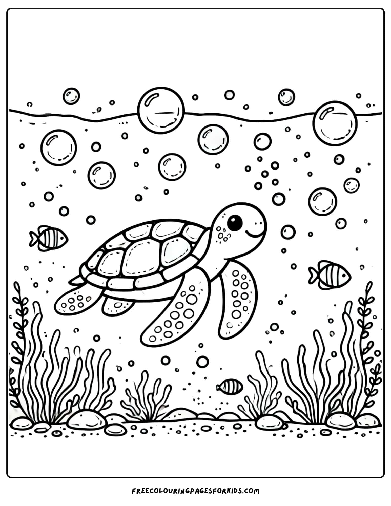 turtle with bubbles under the ocean coloring page