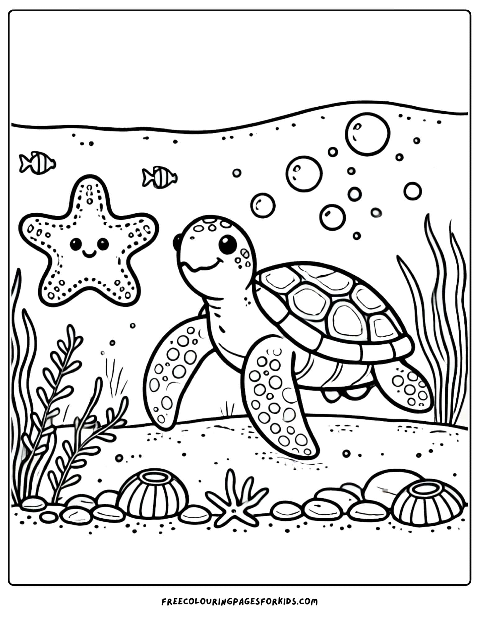 turtle with a starfish under the sea coloring page