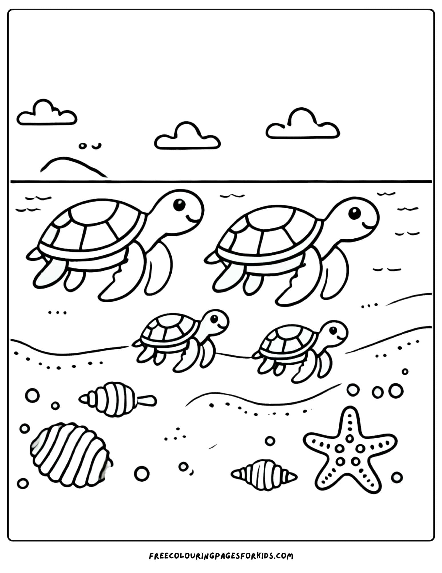 turtle with family on the shore coloring page