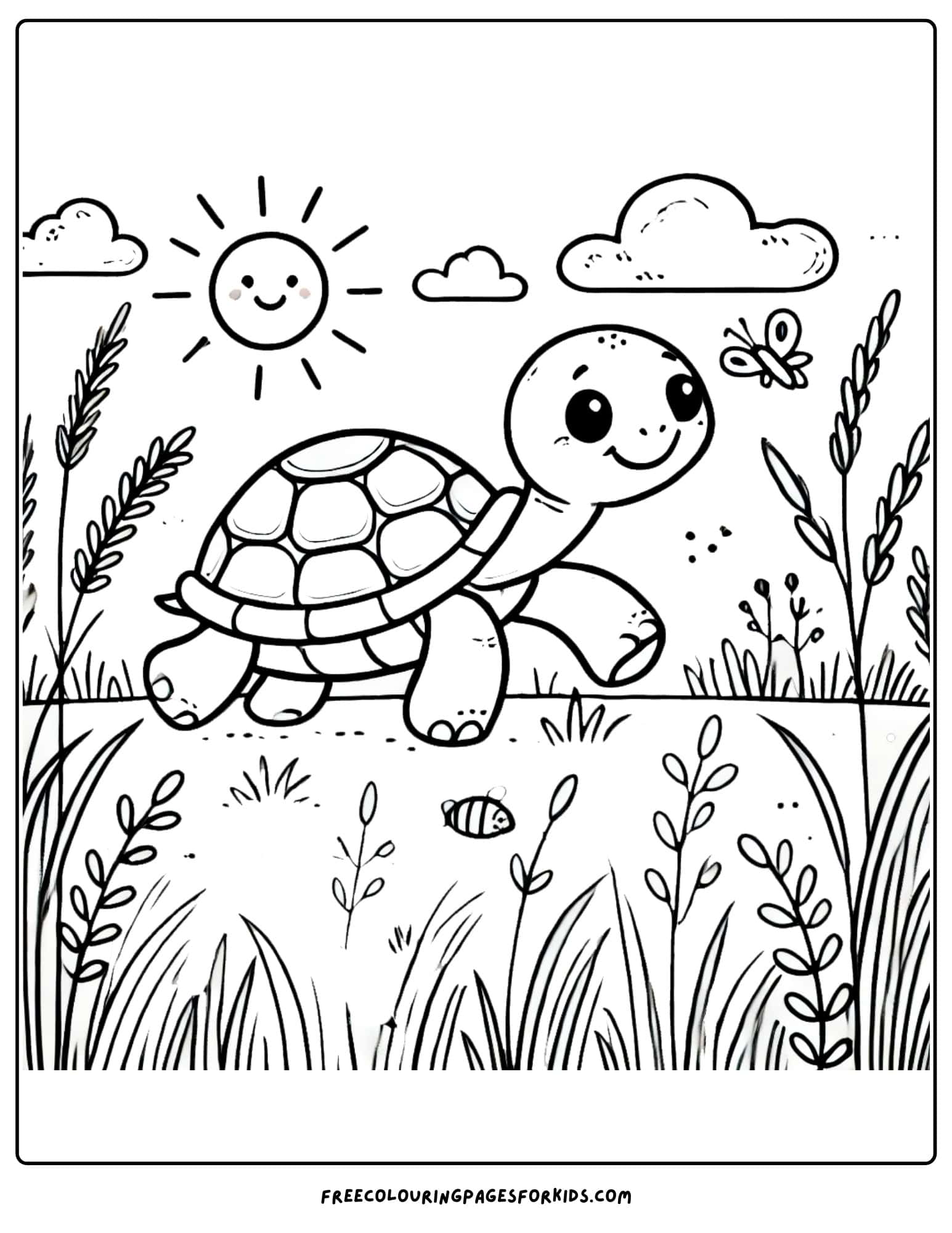 turtle in a field of grass coloring page