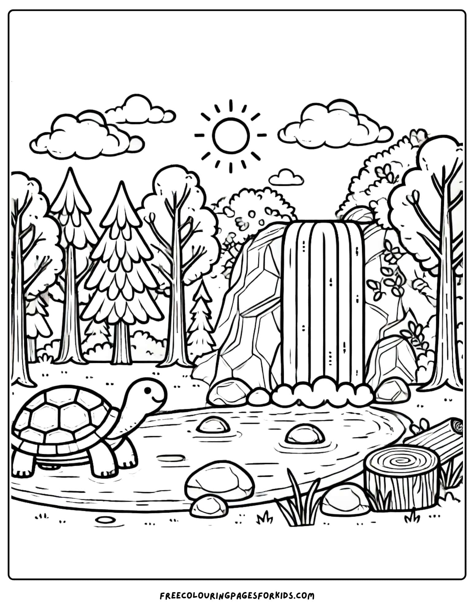 turtle near a waterfall coloring page