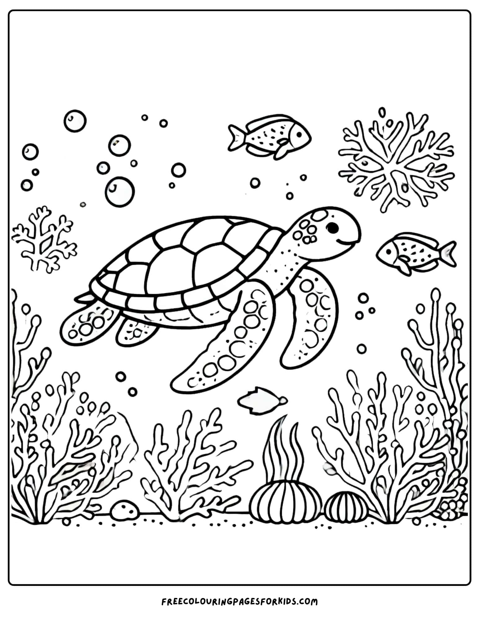 turtle on a coral reef coloring page