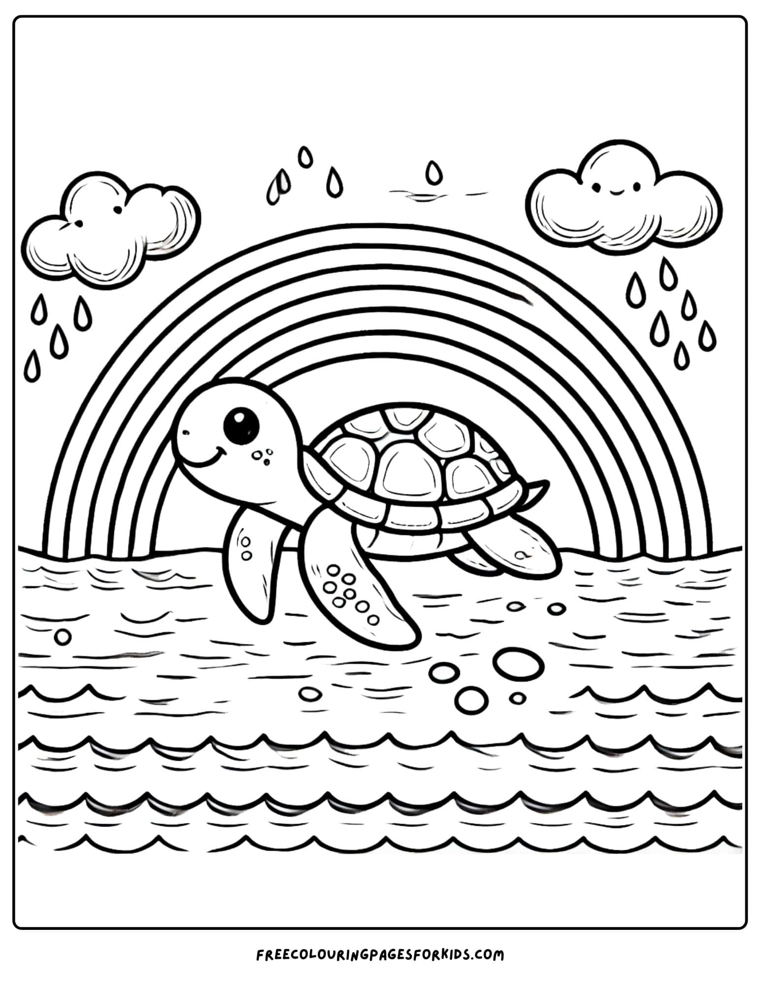 turtle swimming under a rainbow in the sea coloring page