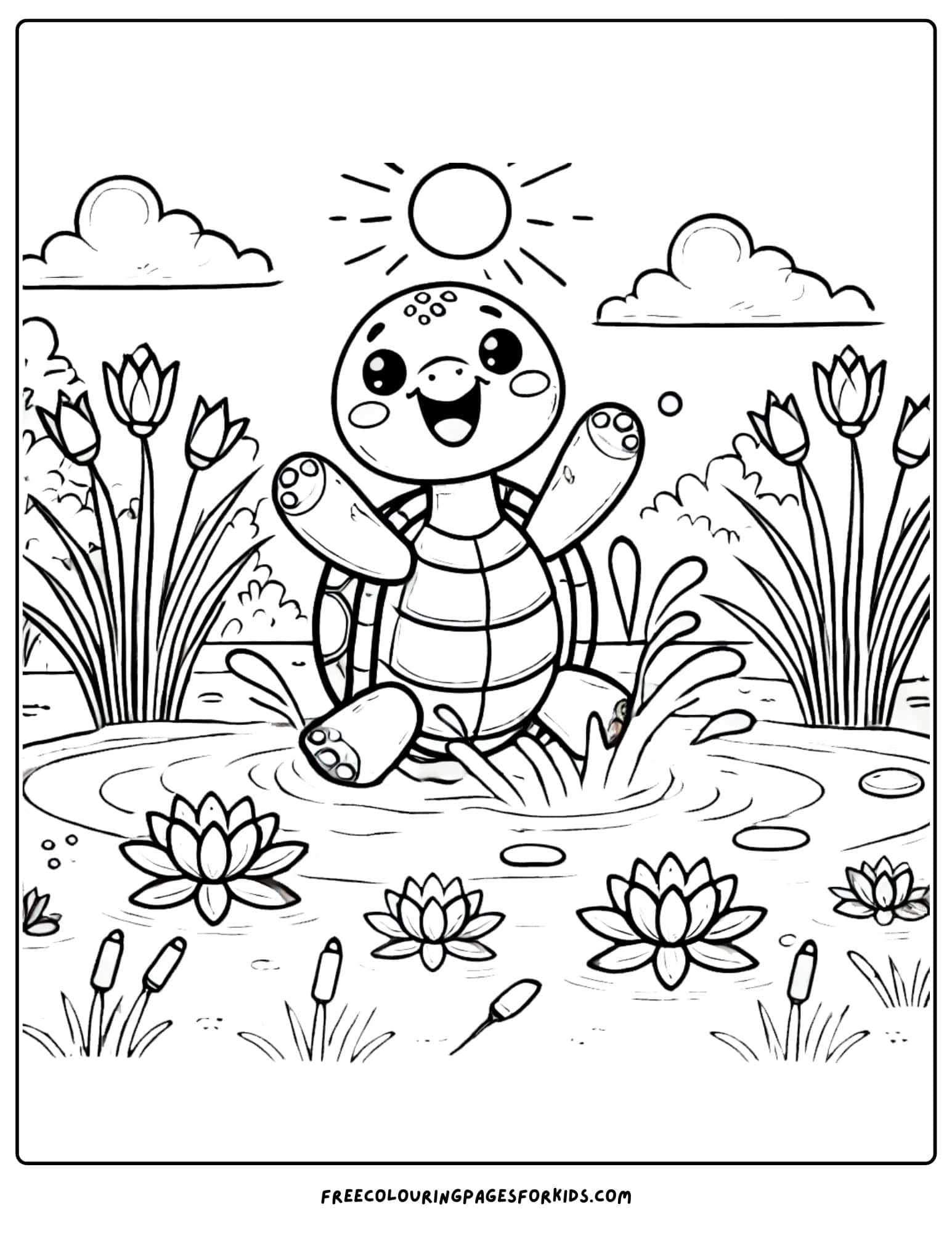 turtle splashing in a pond coloring page