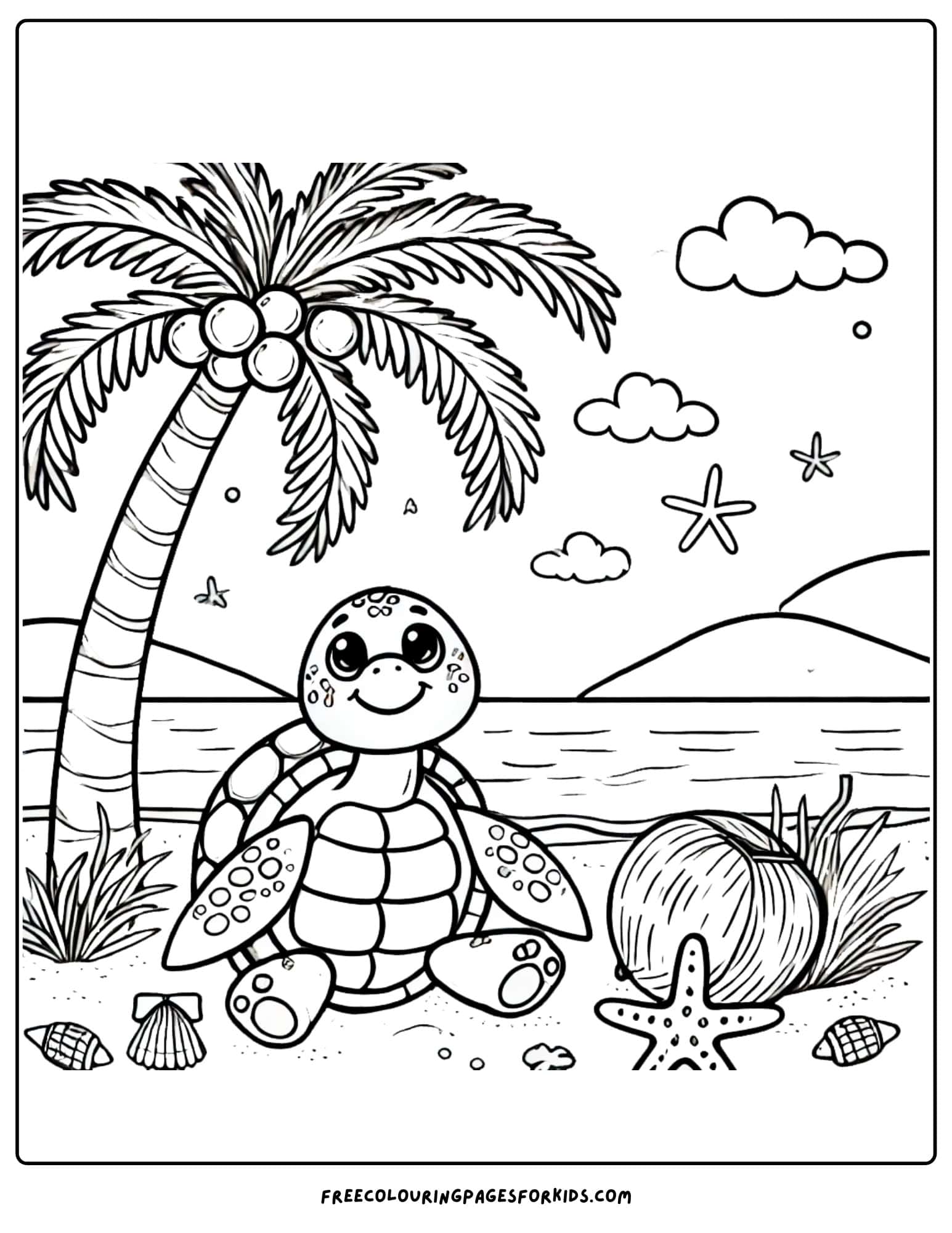 turtle under a palm tree coloring page