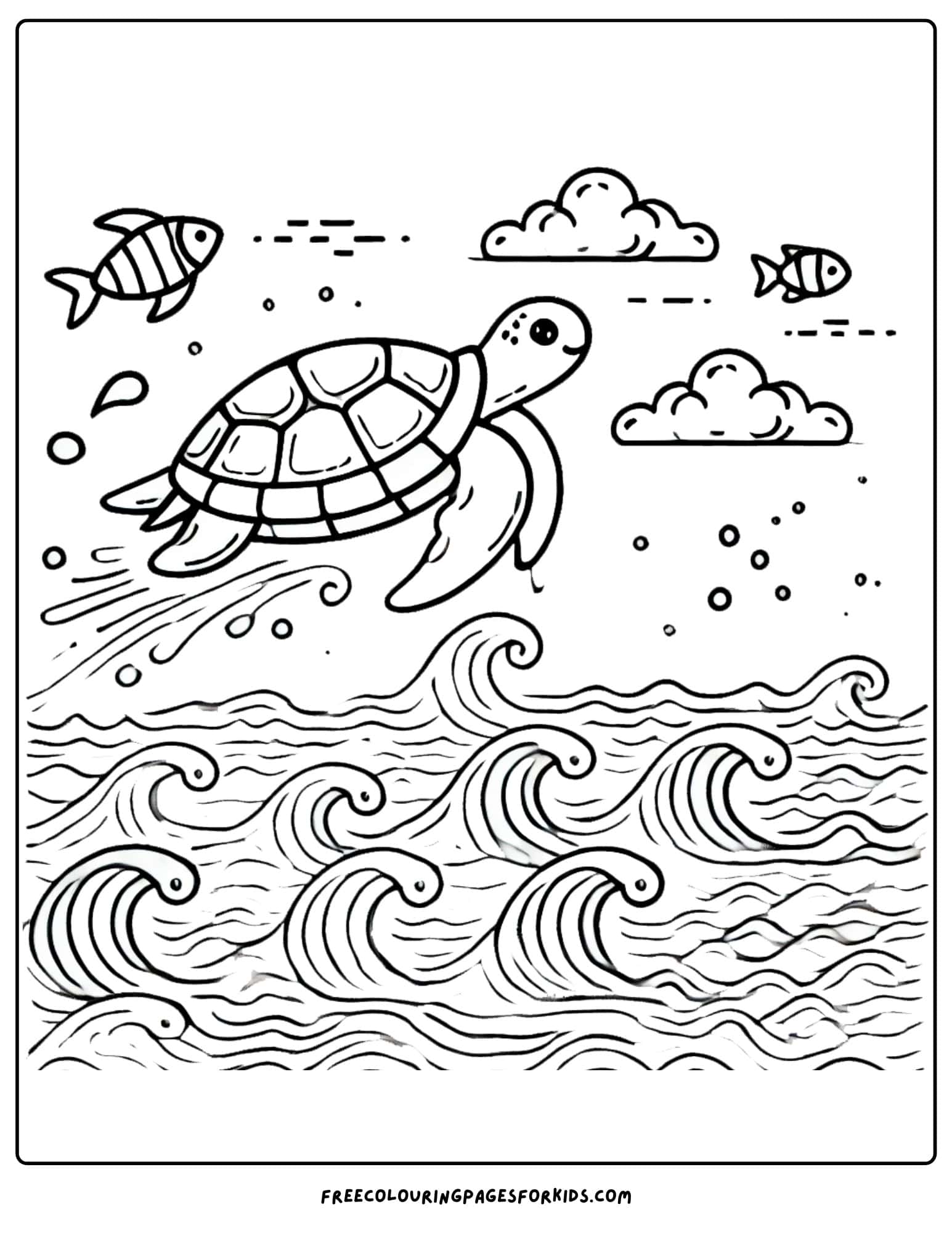 turtle with ocean waves coloring page