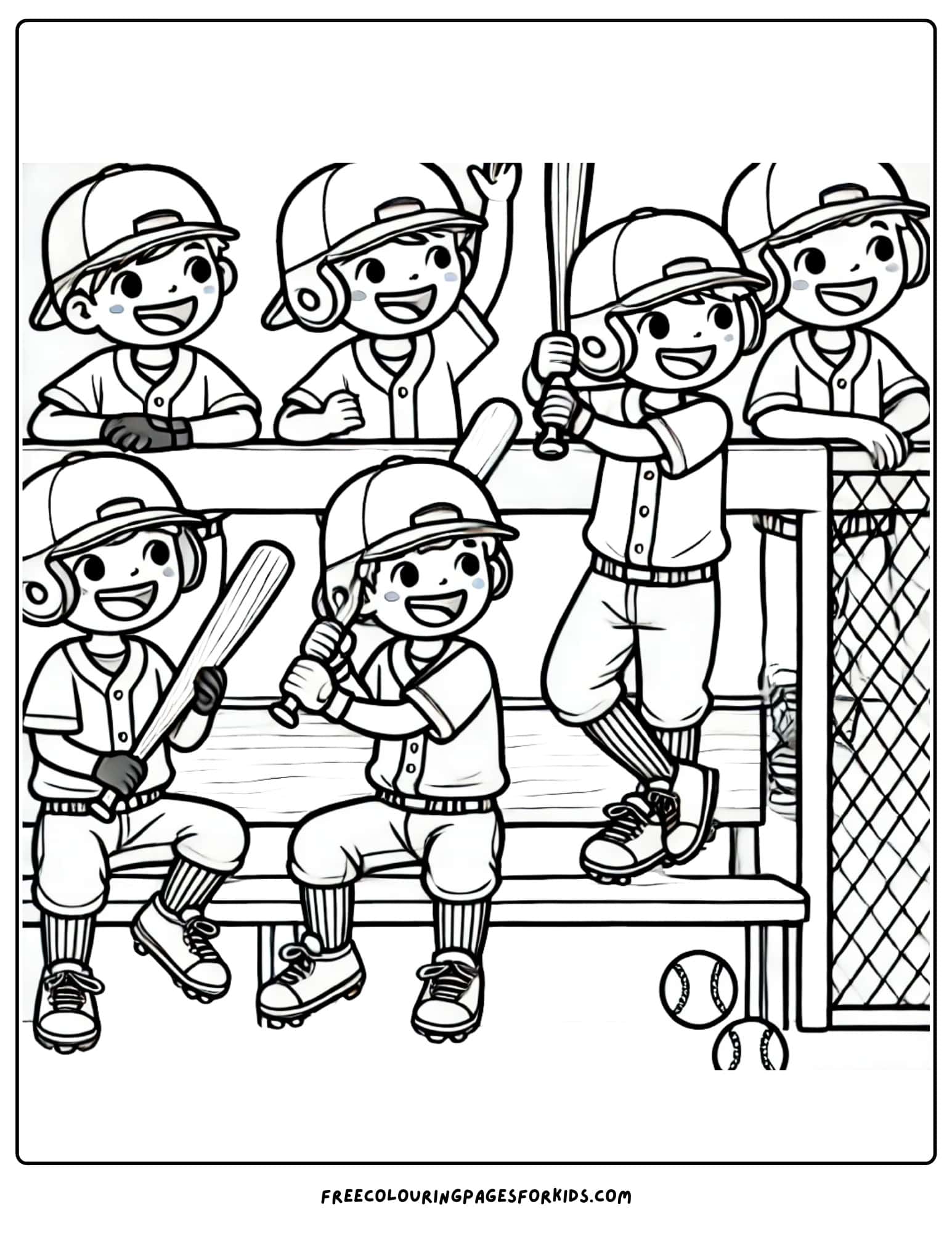 baseball team in the dugout coloring page