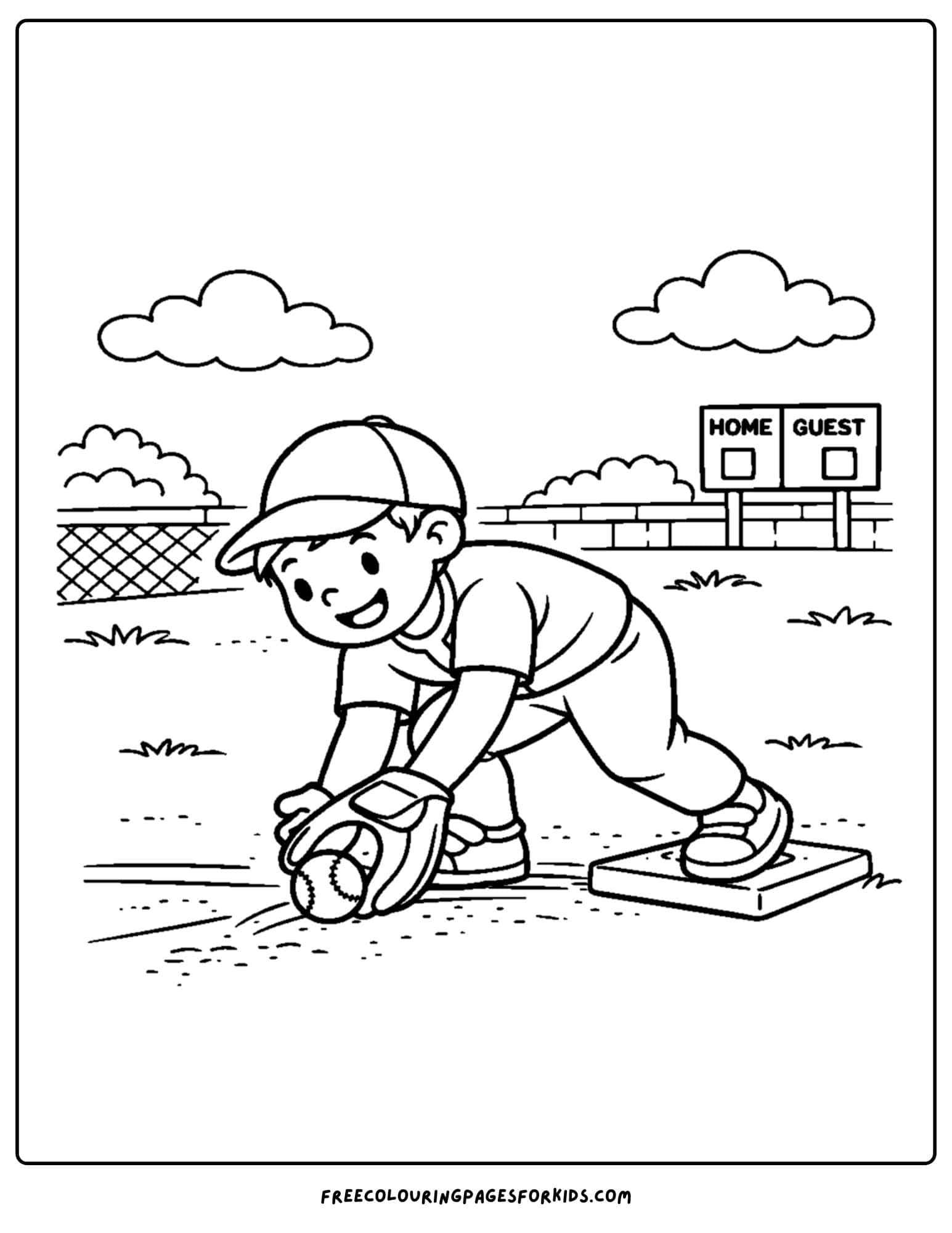 a baseball coloring page featuring a player getting a field ground ball