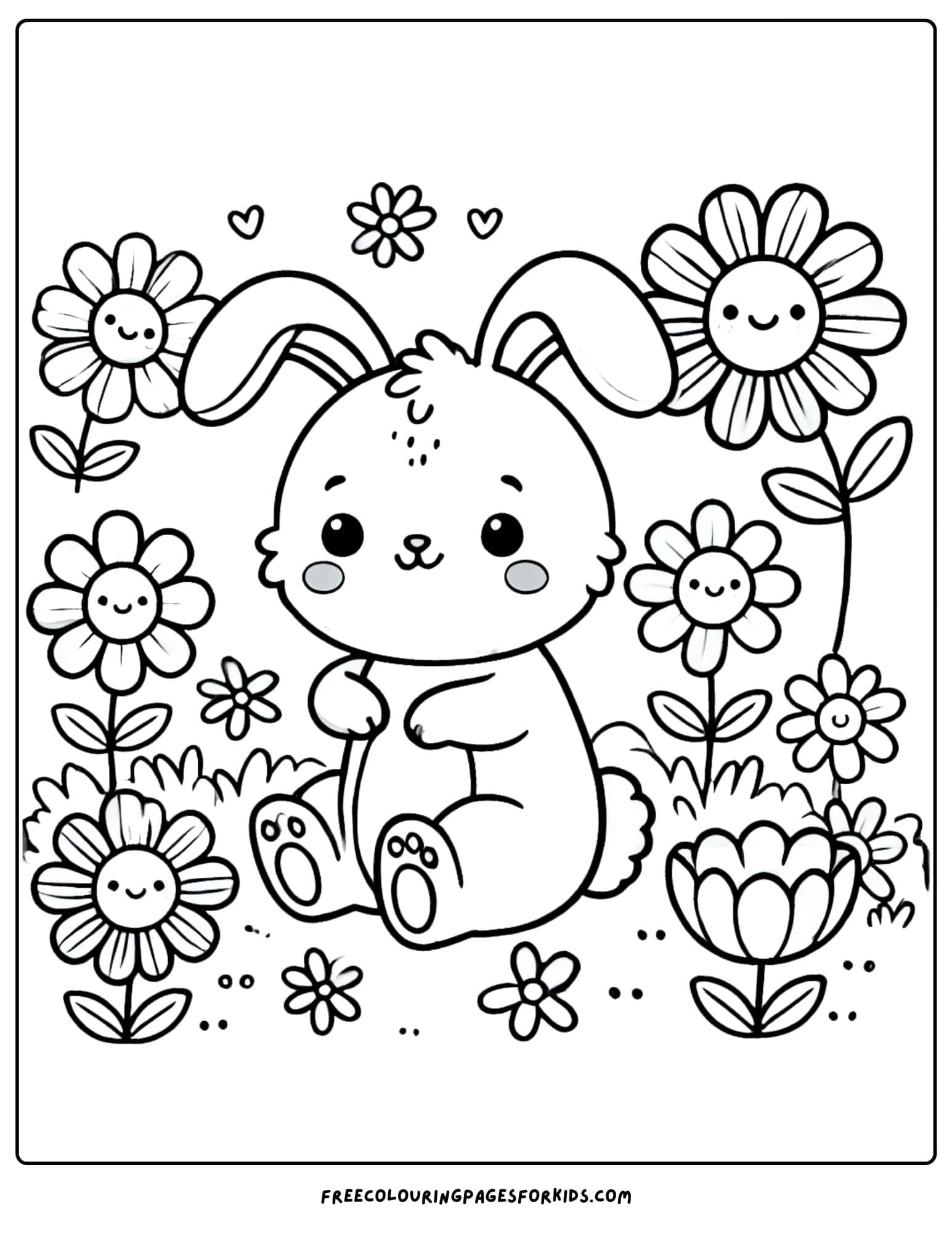 bunny sitting in a garden coloring page