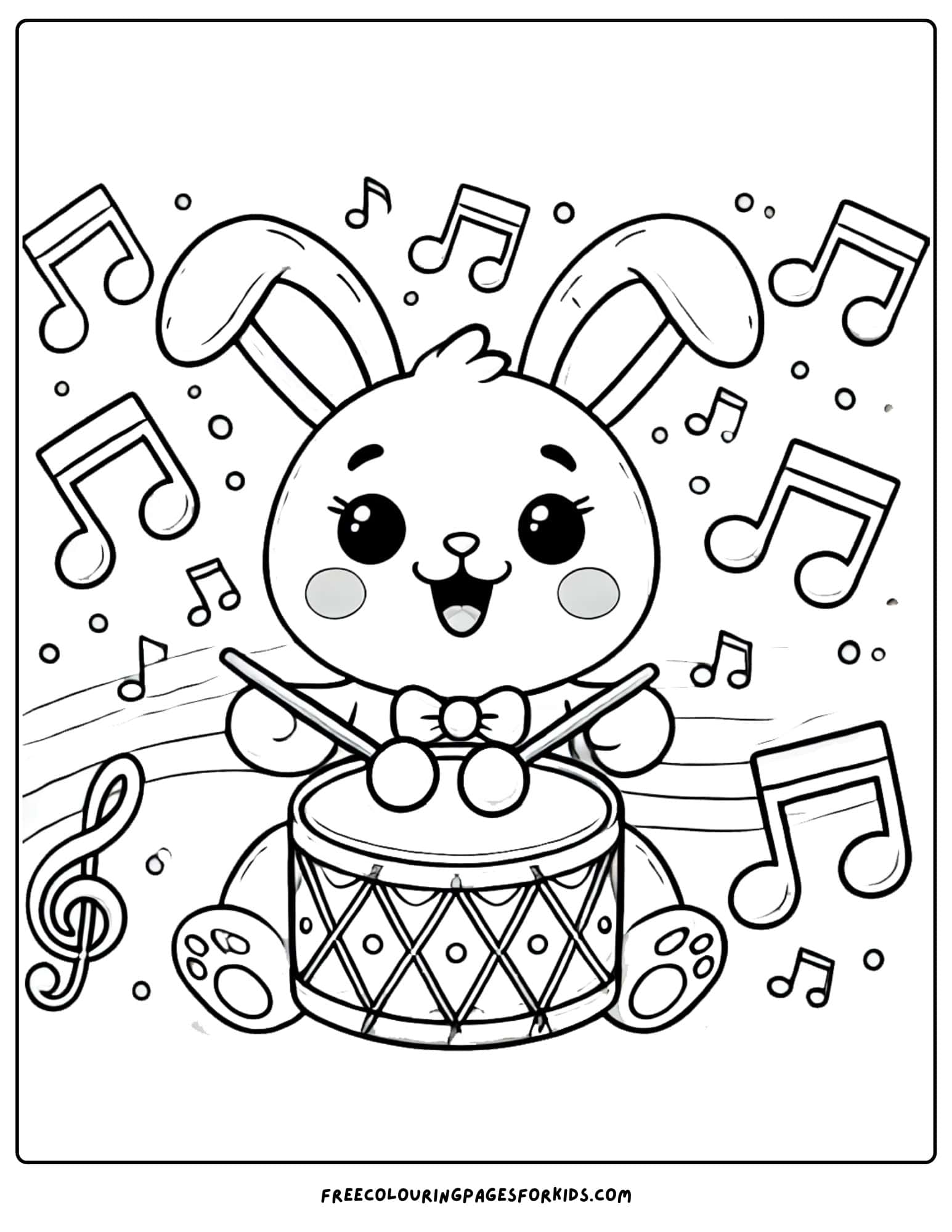 bunny making music with drums coloring page