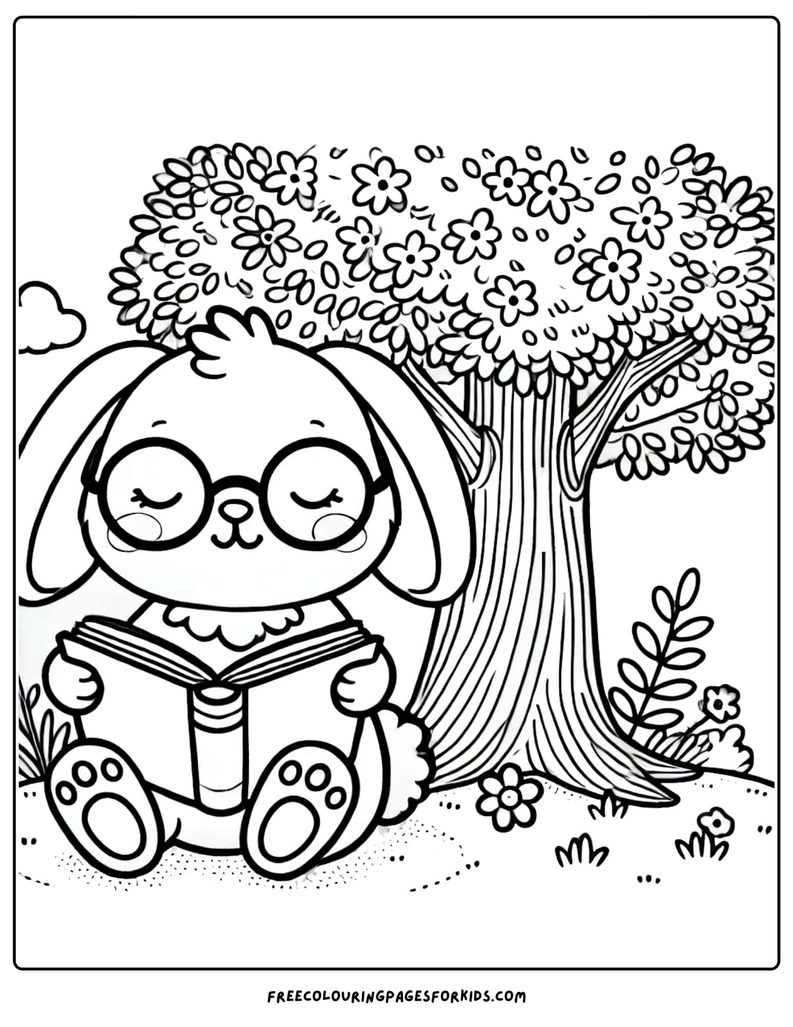 bunny reading a book under a tree coloring page