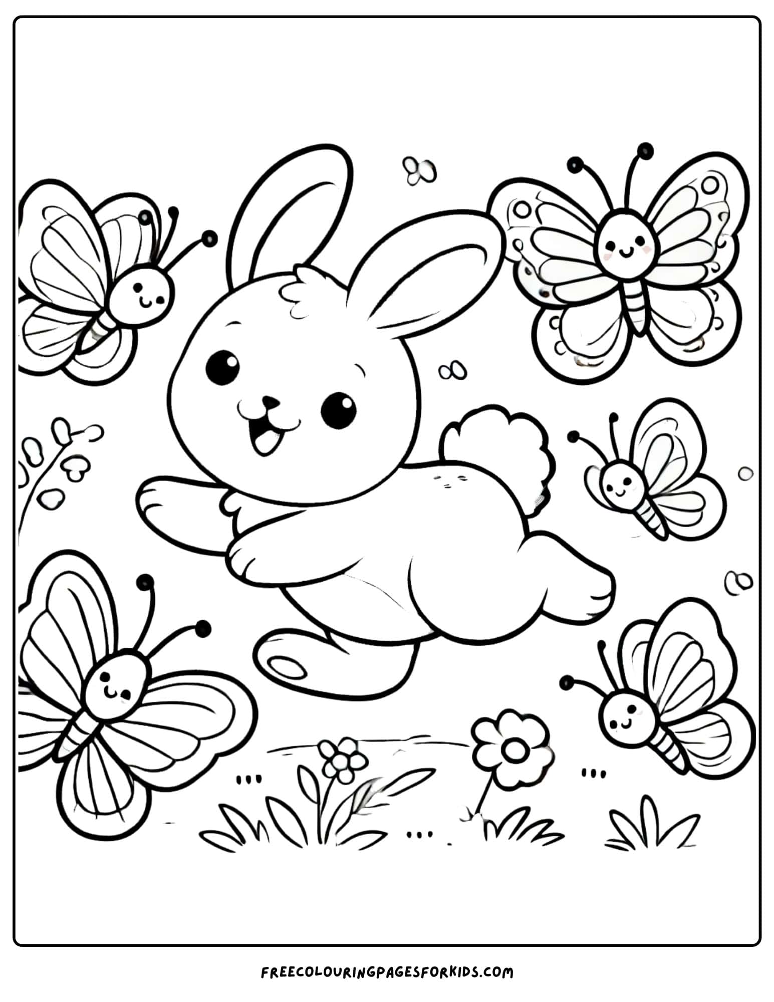 bunny playing with butterflies coloring page