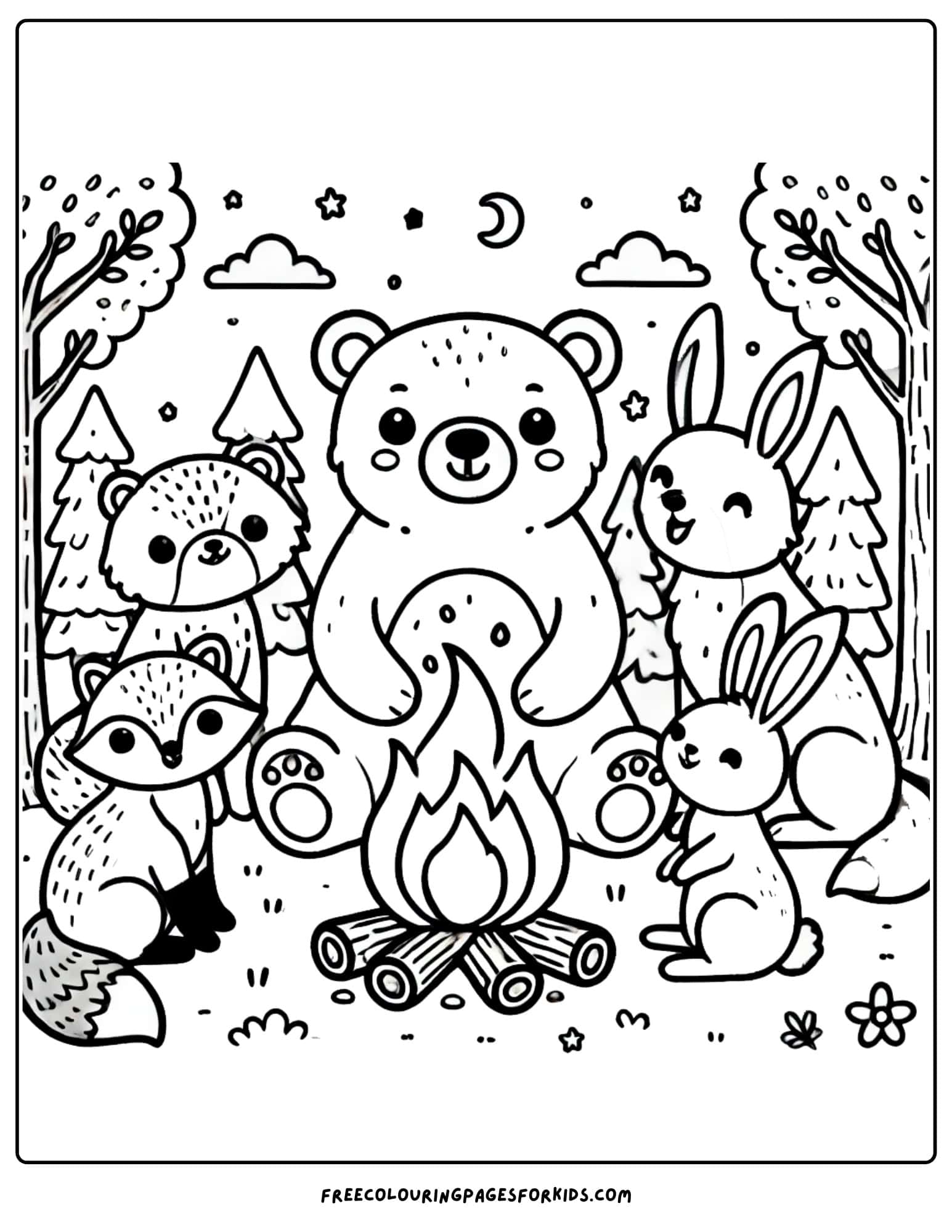 camping animal friends around a fire coloring page