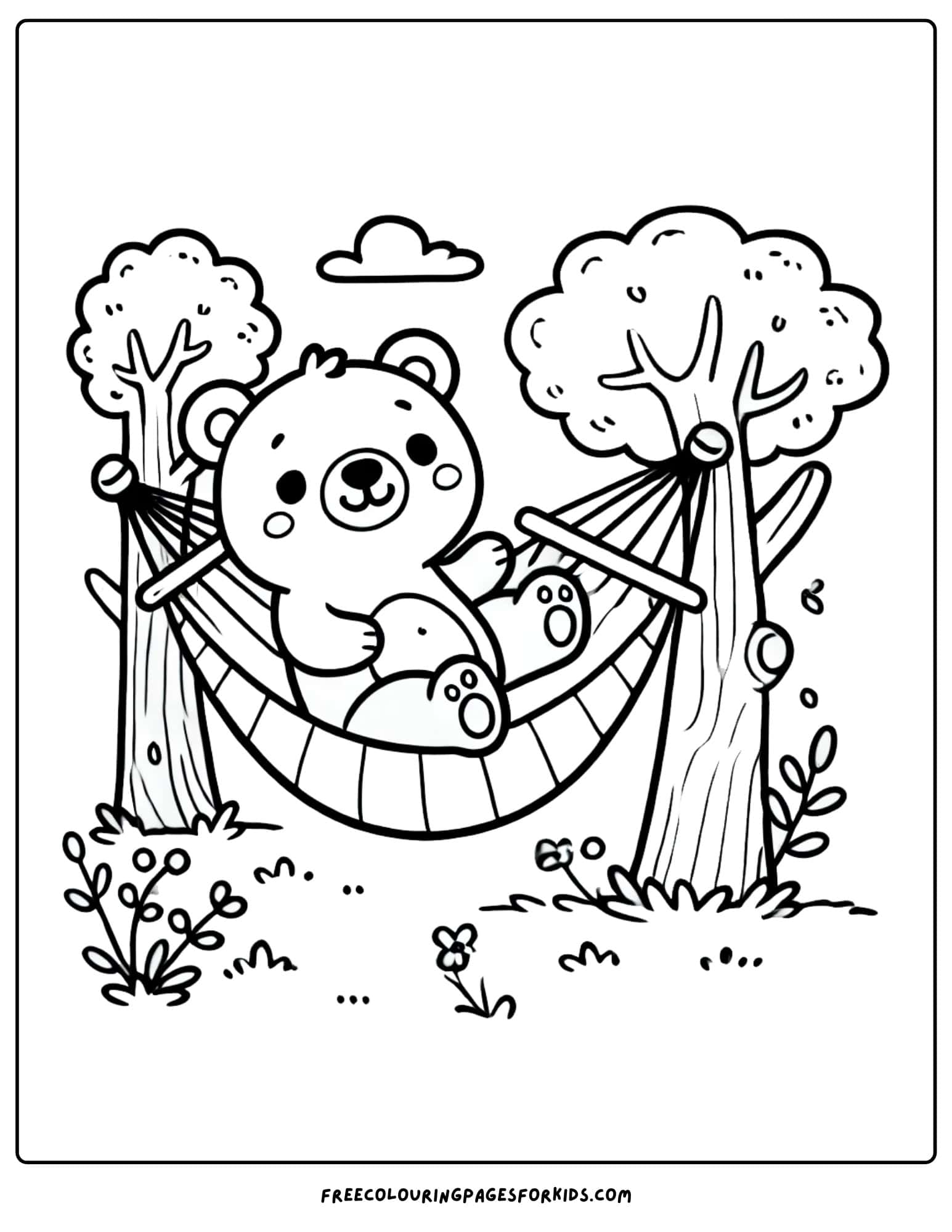 camping with a bear in a hammock coloring page