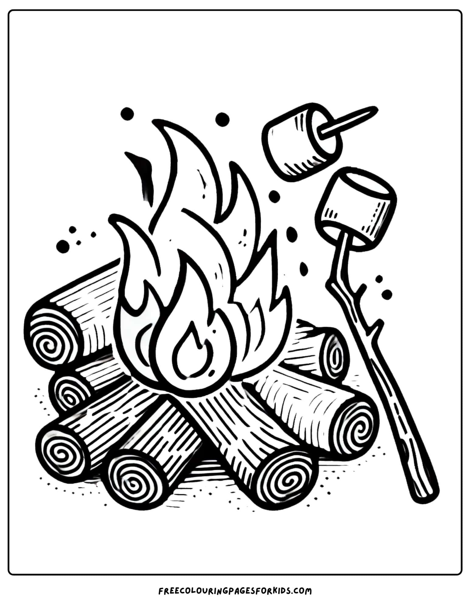 camping roating marshmallows around the fire coloring page