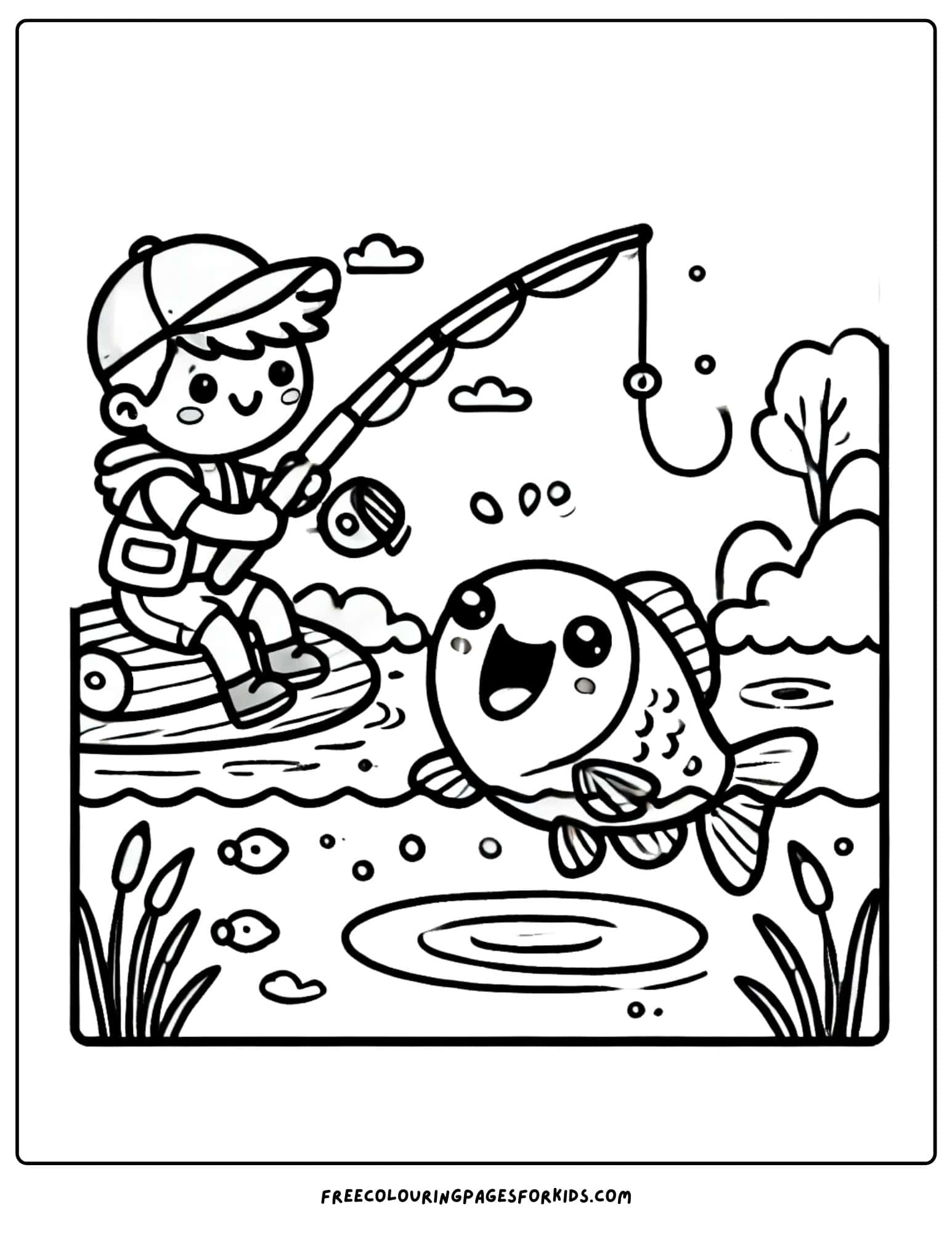 camping and catching fish for dinner coloring page