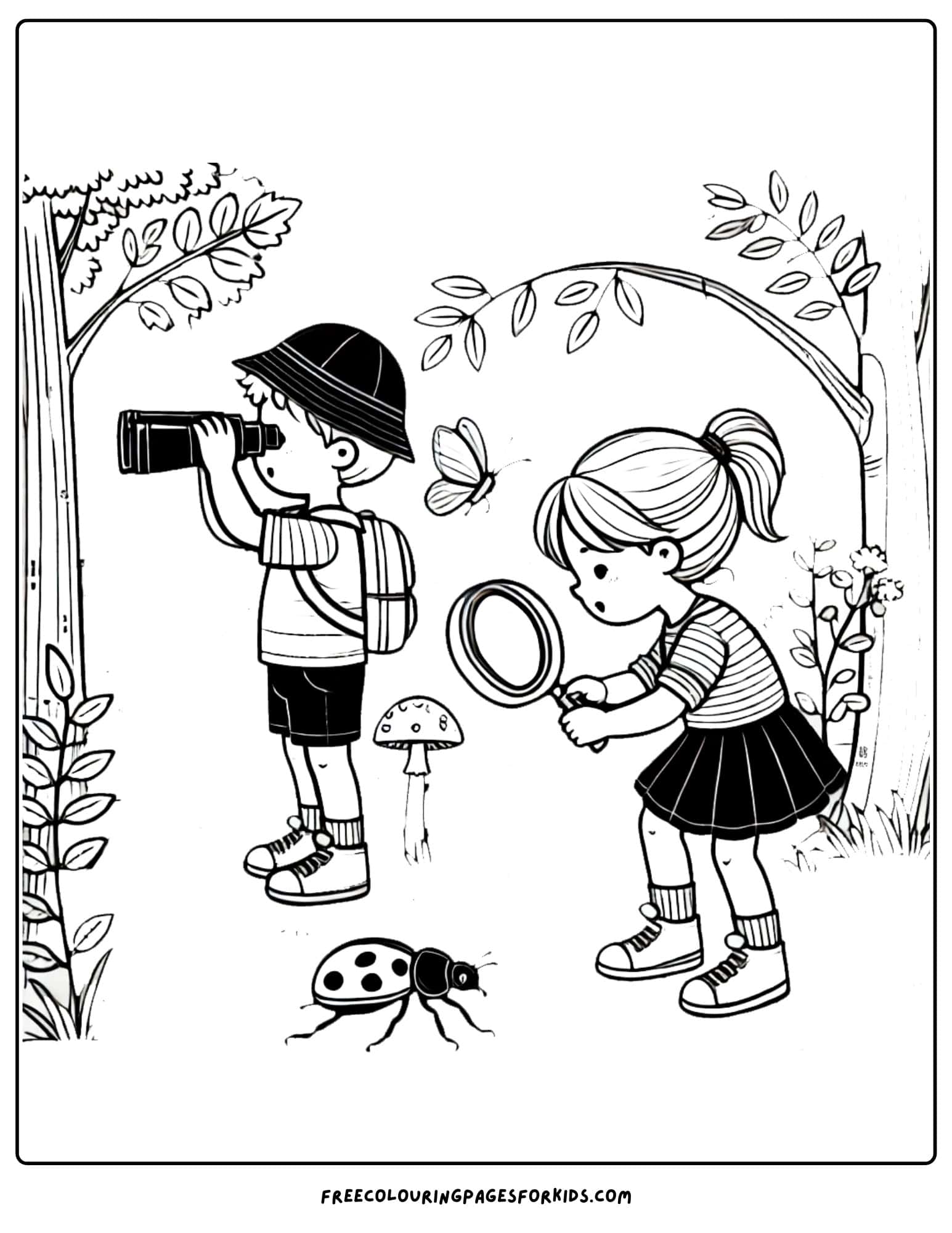 camping and exploring in the forest coloring page