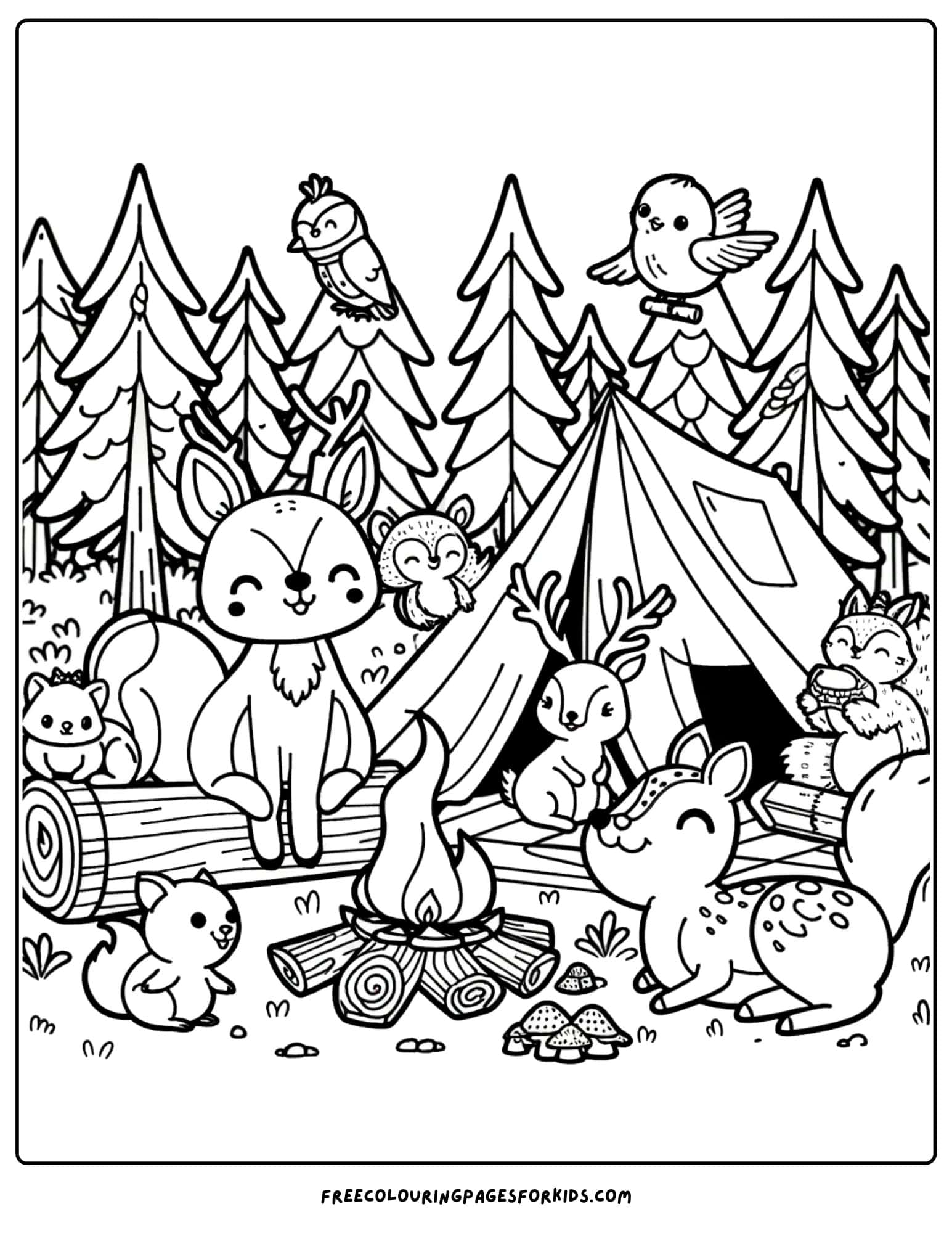 camping with forest friends around the fire coloring page